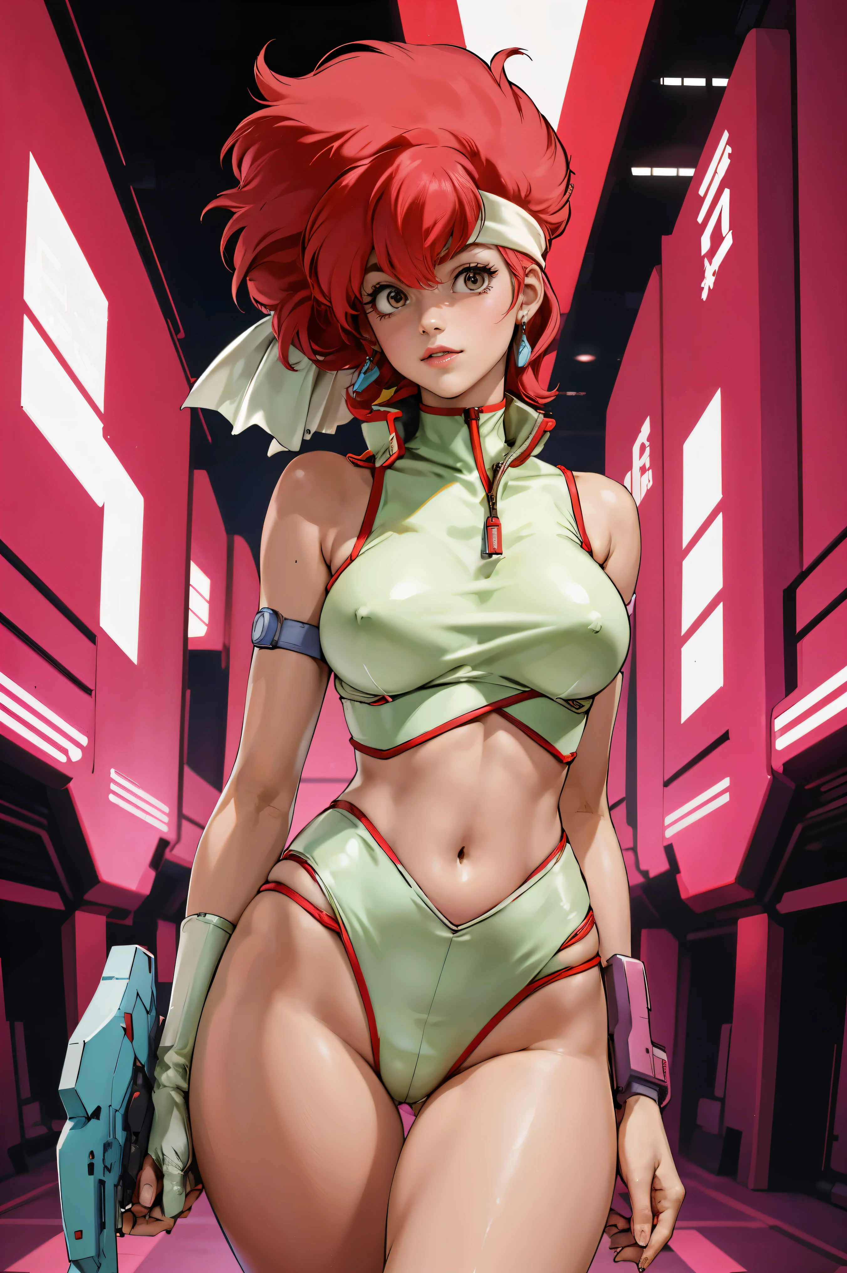 Kei from The Dirty Pair, , wearing a tight outfit, skimpy, medium breast, red hair beauty, cyberpunk city background, holding retro space-gun, headband, slim waist, slim thighs, thigh gap