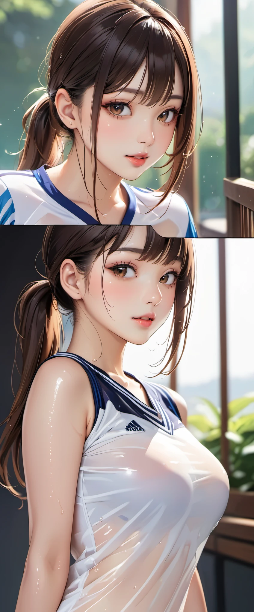 (masterpiece,highest quality,超A high resolution),japanese woman, (((very beautiful 20 year old girl))), pretty girl、look at the photographer、 ((beautiful low ponytail)), super cute face, glossy lips, double eyelids in both eyes,natural smile、 natural makeup, long eyelashes, Shiny and smooth hair、center image, perfect limbs, perfect anatomy,(((soccer uniform)))、(wet with sweat),,beautiful breasts,See-through,,turn around and look back