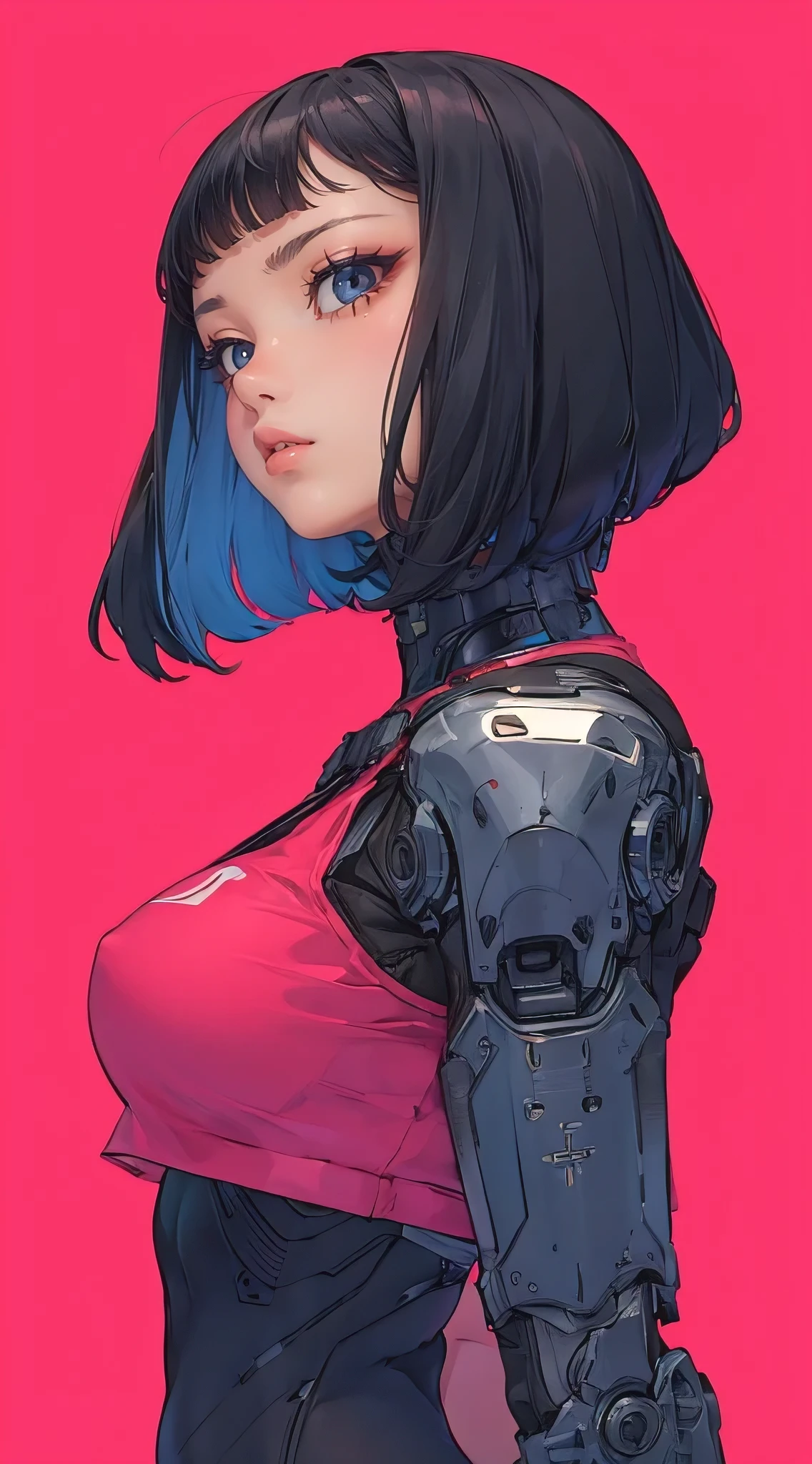 (best quality, masterpiece:1.2), portrait, a beautiful curvaceous woman, fit, slim waist, huge breasts, cyberpunk, anime style, simple lines