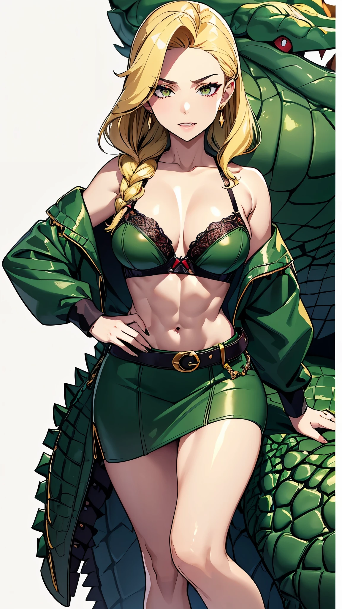 ((8K resolution))、((highest quality))、((masterpiece))、((Super detailed))((((dramatic))), (anatomically correct)、Depth of object being written、look at the camera、one person、one personの女性、front、white skin、Thin but muscular body, defined abs, toned arms, long and thin legs, Athletic Presence,(hair color:dark green and gold gradation、hairstyle:left braid, right long wave)、earrings、jagged teeth、golden nails、(Show sharp fangs)、yellow eyes、half closed eyes / Bad mood 、tattoo、(theme、whole body:1.1), crocodile skinのジャケット、crocodile skinのズボン、gold buckle belt、yellow bra、crocodile skin、crocodile tail、white background