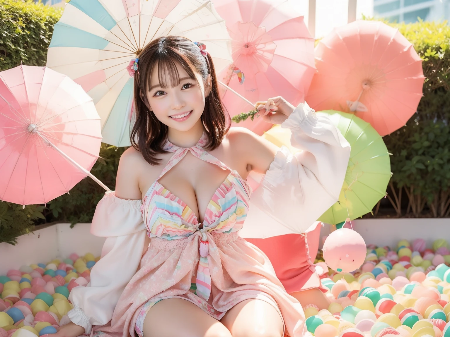 fashion: Dress up in a colorful ensemble reminiscent of candy wrappers, Create cleavage with bright pastel colors and playful accessories、Huge 、. 2. Pause: Pause whimsically while holding a giant lollipop, Show a carefree and fun attitude. 3. background: Pause in front of a candy-themed background filled with oversized candies, cotton candy cloud, and candy cane tree. 4. candy sloan: Sit on a candy-style throne made with oversized gum drops, Surrounded by candy treasures. 5. cupcake delight: Hugeカップケーキの小道具にもたれかかる, Wear clothes that match the color and frosting of your cupcakes。. 6. Rainbow Road: キャンディーでできたRainbow Roadを歩いて, create surprise and excitement. 7. candy rain: with colorful umbrellas「candy rain」capture the moment, stand under a shower of falling candy. 8. Hugeクリームコーン: Pause beside a giant cream cone prop, A costume with a distinctive cream corn pattern and color... 9. candy wonderland swing: キャンディの木とcotton candy cloudの夢のような風景の中で、Playfully swing on the candy cane swing. 10. gummy bear garden: Sit in a garden of oversized gummy bears, Match the colors of the candy garden、She is wearing a gummy bear themed costume.