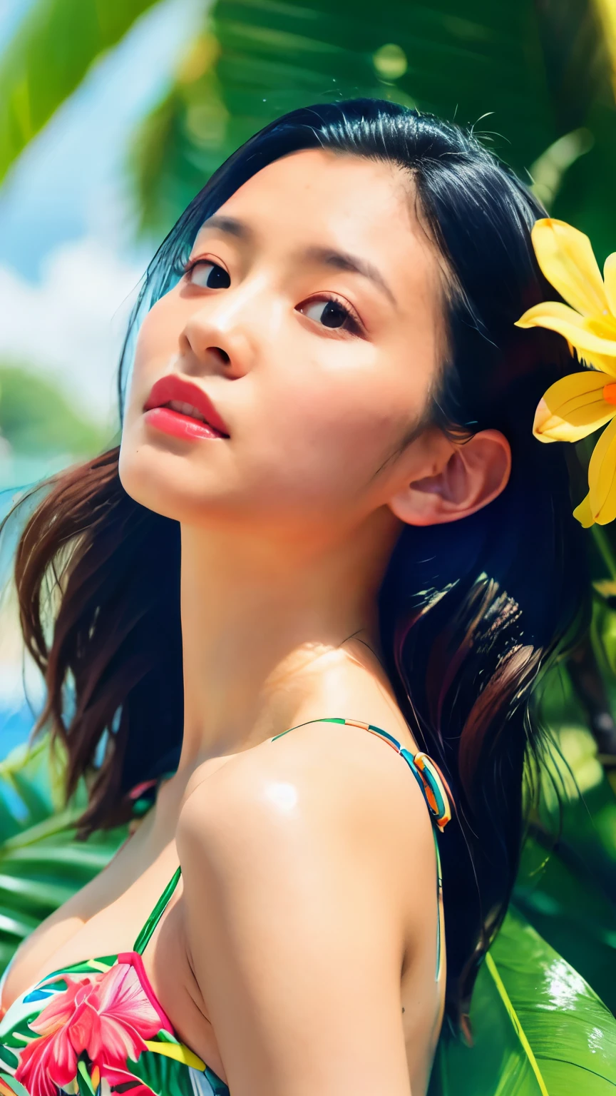 Hyper-Realism, (Photorealsitic:1.4), maximum resolution, (​masterpiece), highly detailed, Professional, best quality, Refined face, beautiful woman, detailed beautiful eyes and lip, beautiful face, idol face, full body, whole body, bikini, tropical seaside, natural skin, Sunlight coming in, Various feminine poses