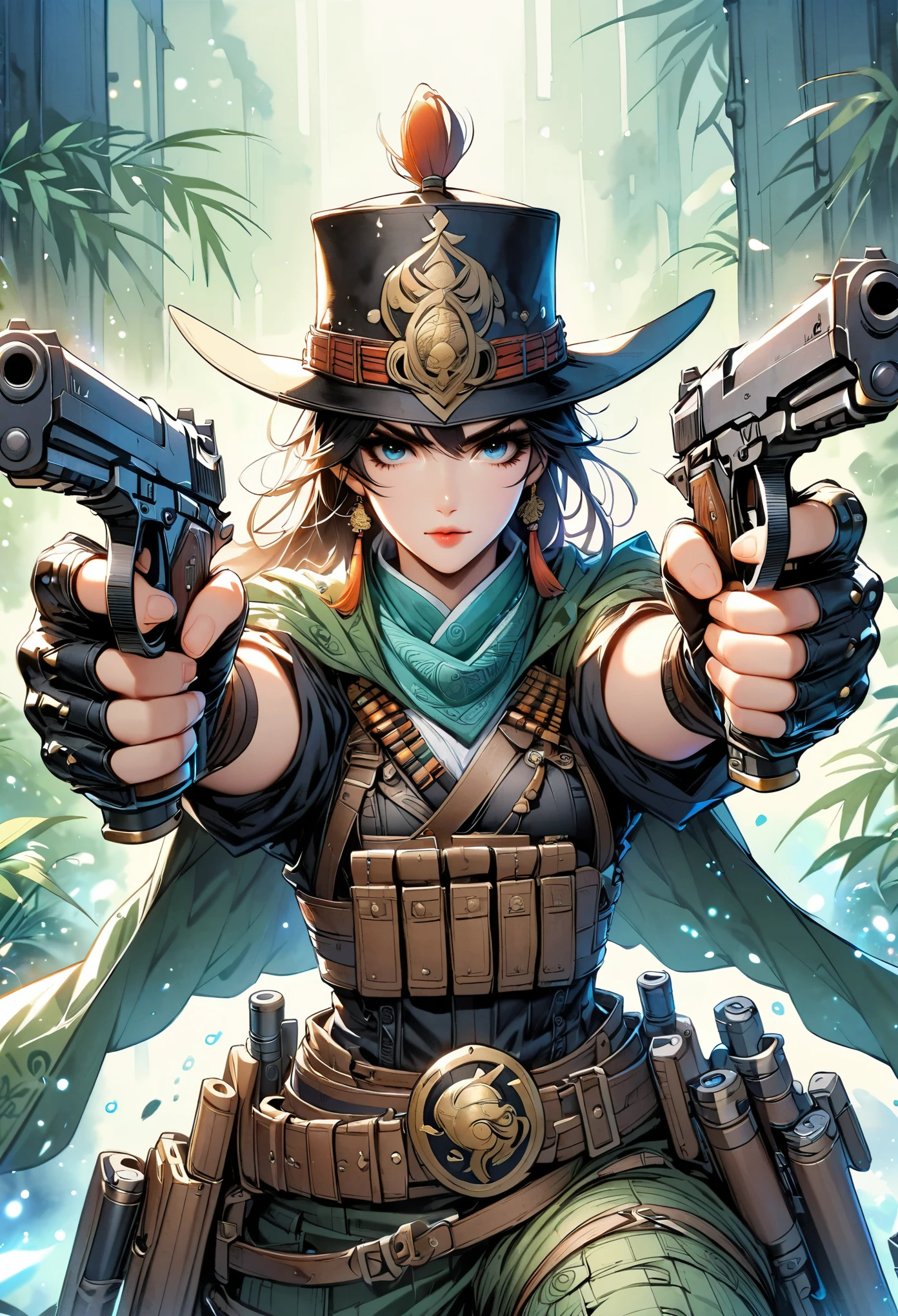 Chinese kong-fu，Motion capture，body movements，（King of Glory，Marco polo，Detailed drawing of eyes），Dual-wielding pistol，aim at you，emit laser，bamboo forest
