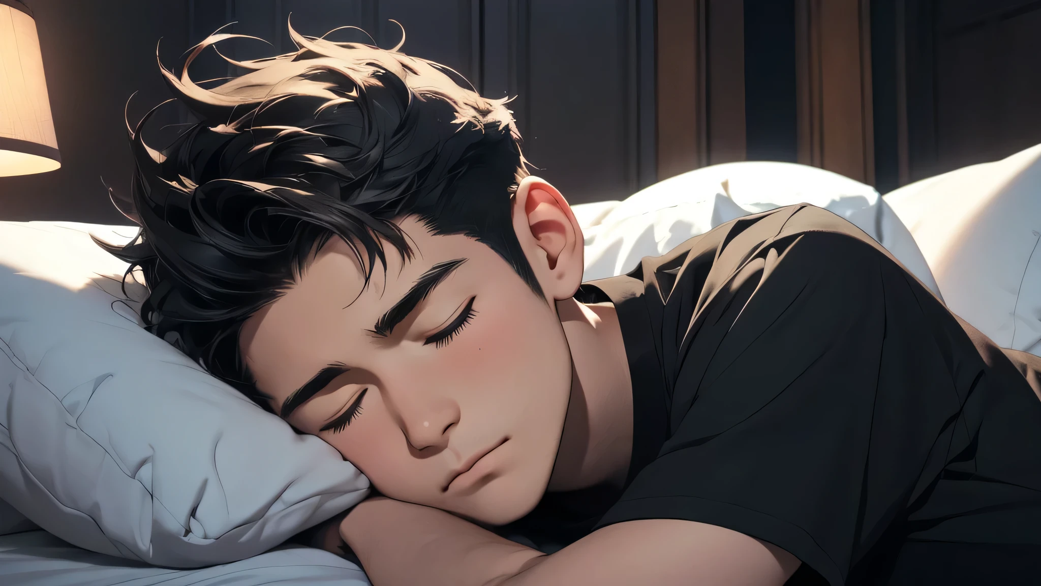 18 year old male sleeping with pillow on head,closed eyes,small smile,night,absurd,masterpiece,mackerel,intricately detailed,black t-shirt,detailed face,global illumination, In a Japanese anime style