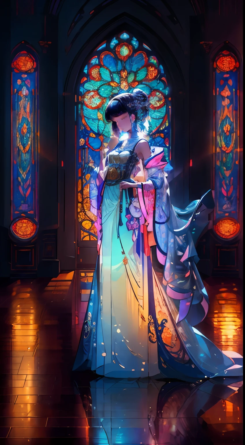 picture prompt: A masterpiece of top quality and beauty awaits, showcasing one girl's breathtaking stained glass art creation. The intricately designed piece features colored glass panels held together by delicate lead lines. The vibrant colors radiate, casting luminous effects that illuminate the room with a spiritual ambiance. One girl, with a graceful and elegant demeanor, stands nearby, admiring her own artwork. Her dedication to the craft is evident in every detail, making this official art an aesthetic feast for the senses.

(Note: Adjust the '1.2' and '1.3' ratios according to your preferred focus on the girl or the art.)