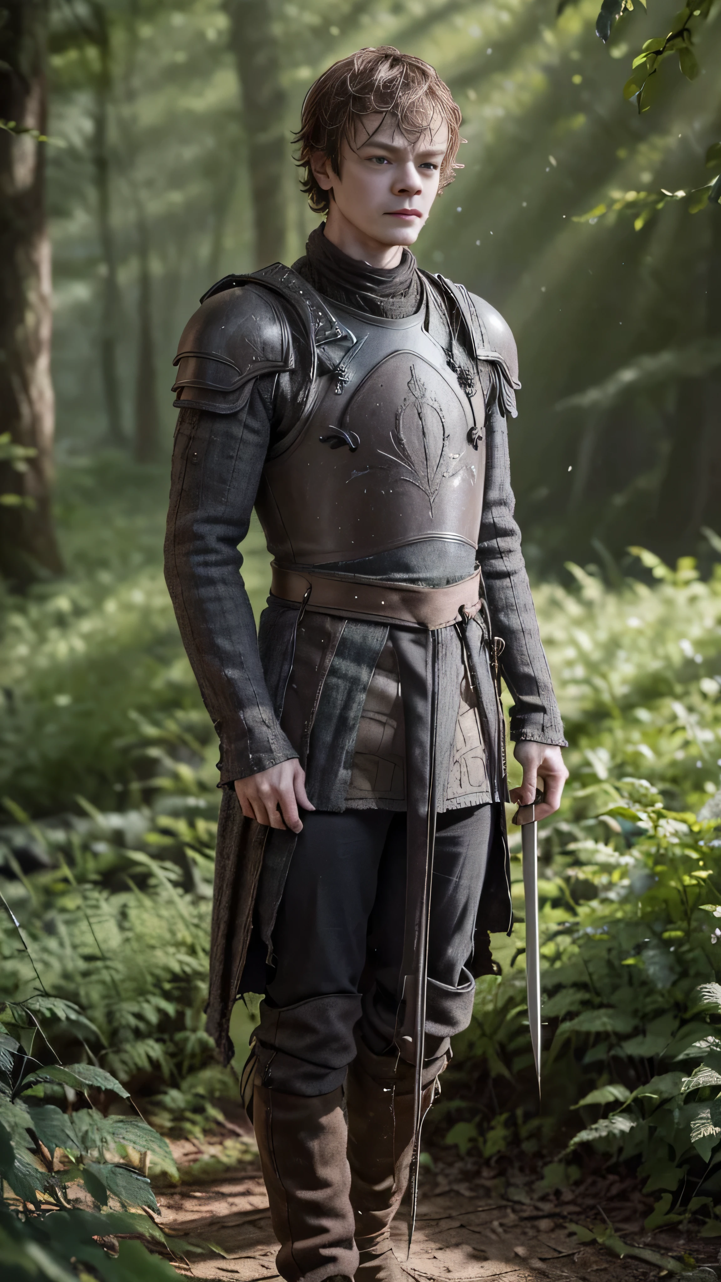 (Alfie Allen) as theongreyjoy, (gray armor), boots, (small blades), standing in a forest, 1man, solo, beautiful detailed glow, detailed, cinematic light, intricate detail, realistic, highres, detailed facial features, high detail, sharp focus, smooth, aesthetic, extremely detailed, stamp, octane render