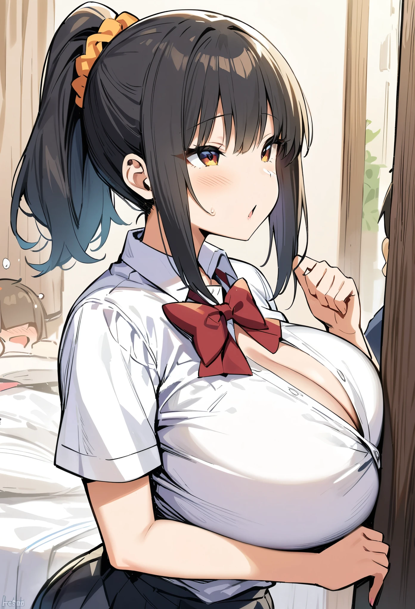 masterpiece, best quality, highres, JK,huge tit,1boy,1girl,male kid,blush,gradient,ponytail,school uniform,scrunchie,in bedroom