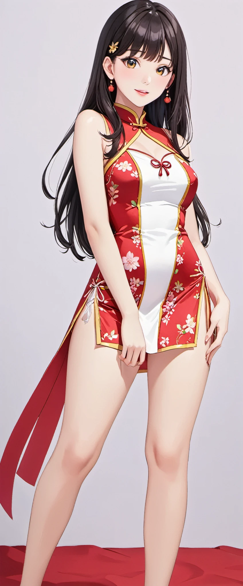 High resolution, adult woman , good lighting, despicable, , (No nudity), (((shiny cheongsam))), (()), ((())), (garter belt), abdomen only, (), , cute face, I'm embarrassed and blush, humiliating, ((turn around and look back)), (T-back)()