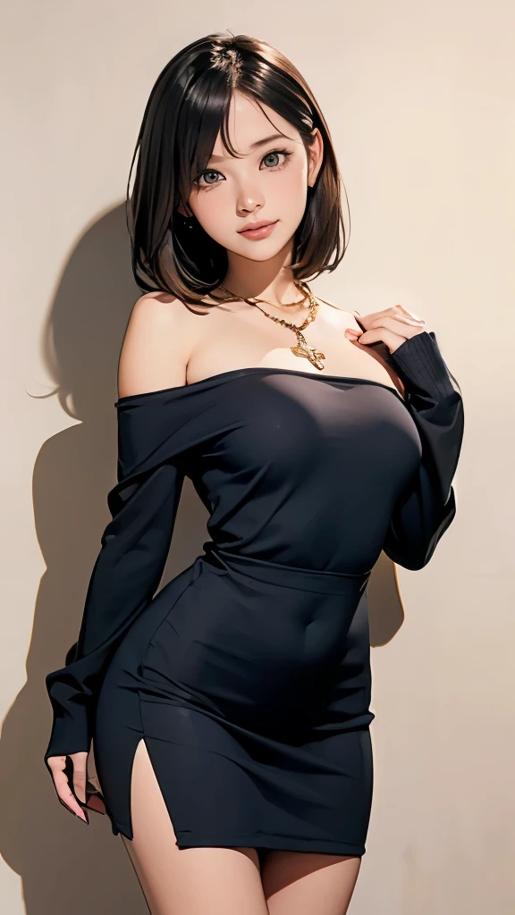1 girl、オフショルダーのニットのワンピースを着てknee high bootsを履いた可愛い女の子がこちらを見て、、Beautiful black straight long hair、Staring at me with a charming smile、Slender but big breasts、beautiful skin、Off-shoulder knit dress that fits the body、knee high boots、Gold Cross Necklace、cowboy shot、anatomically correct、precise fingers、exact limbasterpiece、photo reality、