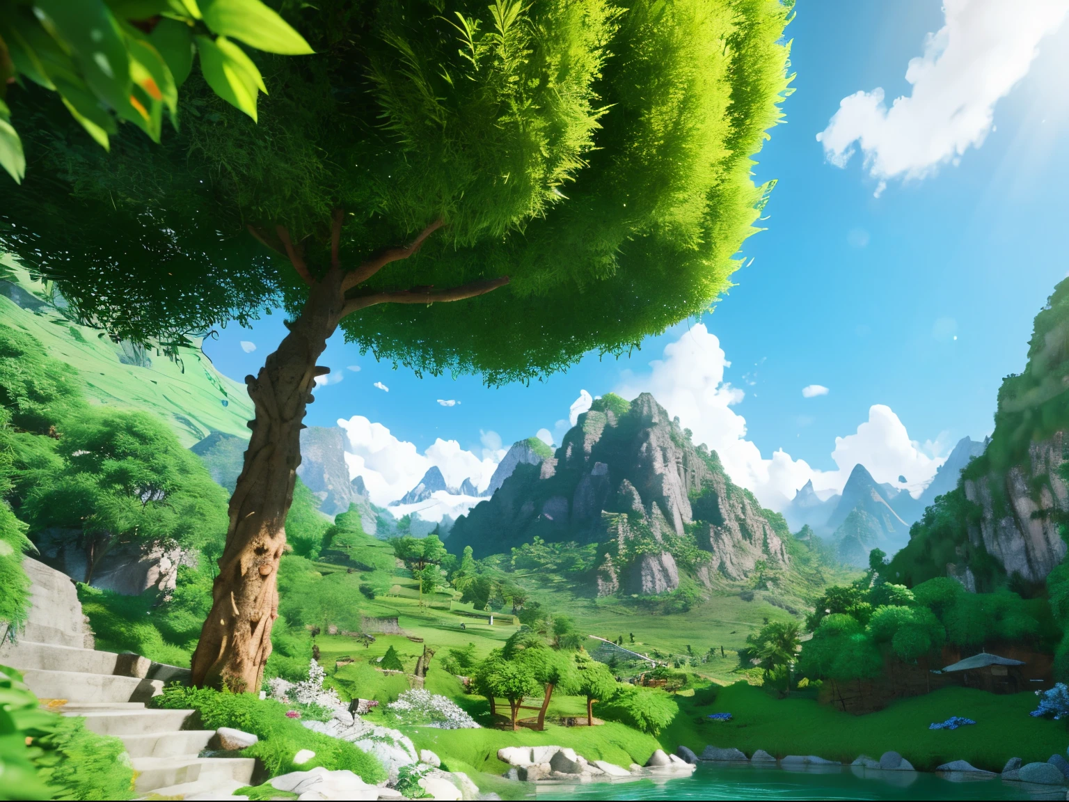 master piece,High resolution,CG Animation,8K,((white monkey)),green mountains,Fruit tree,forest,Transparent crystal,Money,