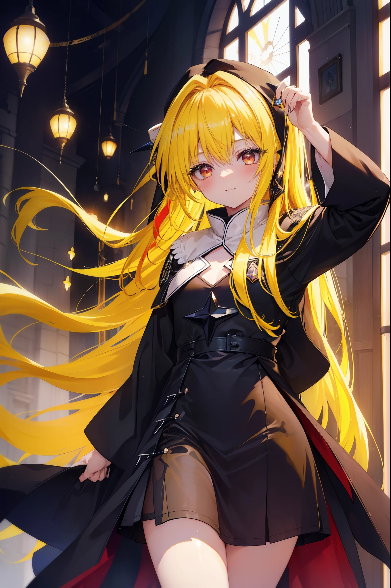 toloverumy, my, (yellow hair:1.5), long hair, (red eyes:1.5), (hair ornaments:1.2), smile,blush,break habit, long sleeve,black nun, robe, black robe, wide sleeve,祈りの手
break indoors,church ,
break looking at viewer, (cowboy shot:1.5),
break (masterpiece:1.2), highest quality, High resolution, unity 8k wallpaper, (figure:0.8), (detailed and beautiful eyes:1.6), highly detailed face, perfect lighting, Very detailed CG, (perfect hands, perfect anatomy),