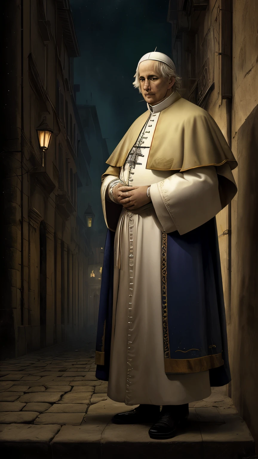 Pope Pius VII in the dark streets of Rome, year 1809: realistic epic, soft cinematographic portrait, Adobe Lightroom, photography laboratory, muy detallado, despondent, (colores neutros: 1.2), (HDR: 1.4), (colores suaves: 1.2) ), hiperdetallado, (art station:1.4), cinematographic, warm lights, dramatic light, (Detalles intrincados:1.1), fondo complejo, (rutkowski:0.66), (azul y naranja:0.4)