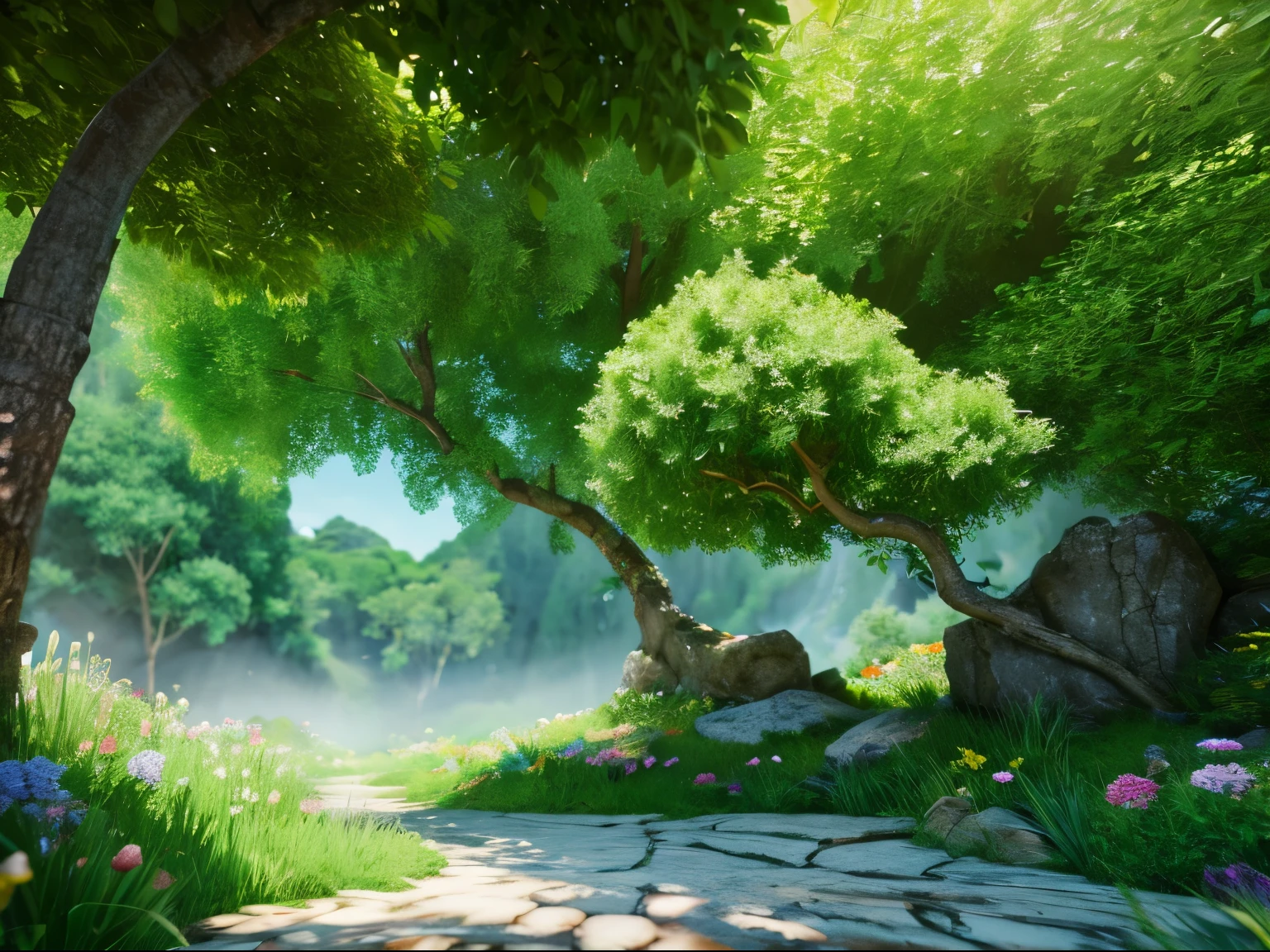 master piece,High resolution,CG Animation,8K,((white monkey)),green mountains,Fruit tree,forest,Transparent crystal,Money,