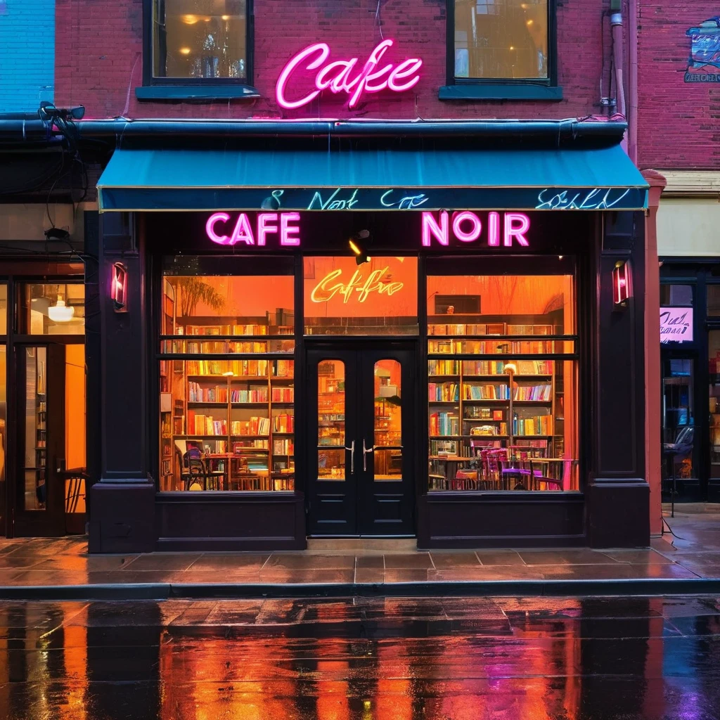 Generate an image of a cozy urban coffee shop at night. The shop has large glass windows showcasing shelves of books inside. Outside, a vibrant, glowing neon sign hangs above the entrance, spelling out 'Café Noir' in bold, cursive letters. The sign casts a colorful glow on the wet pavement, reflecting the recent rain. Passersby with umbrellas are visible through the windows, and the warm, inviting light spills out onto the dimly lit sidewalk