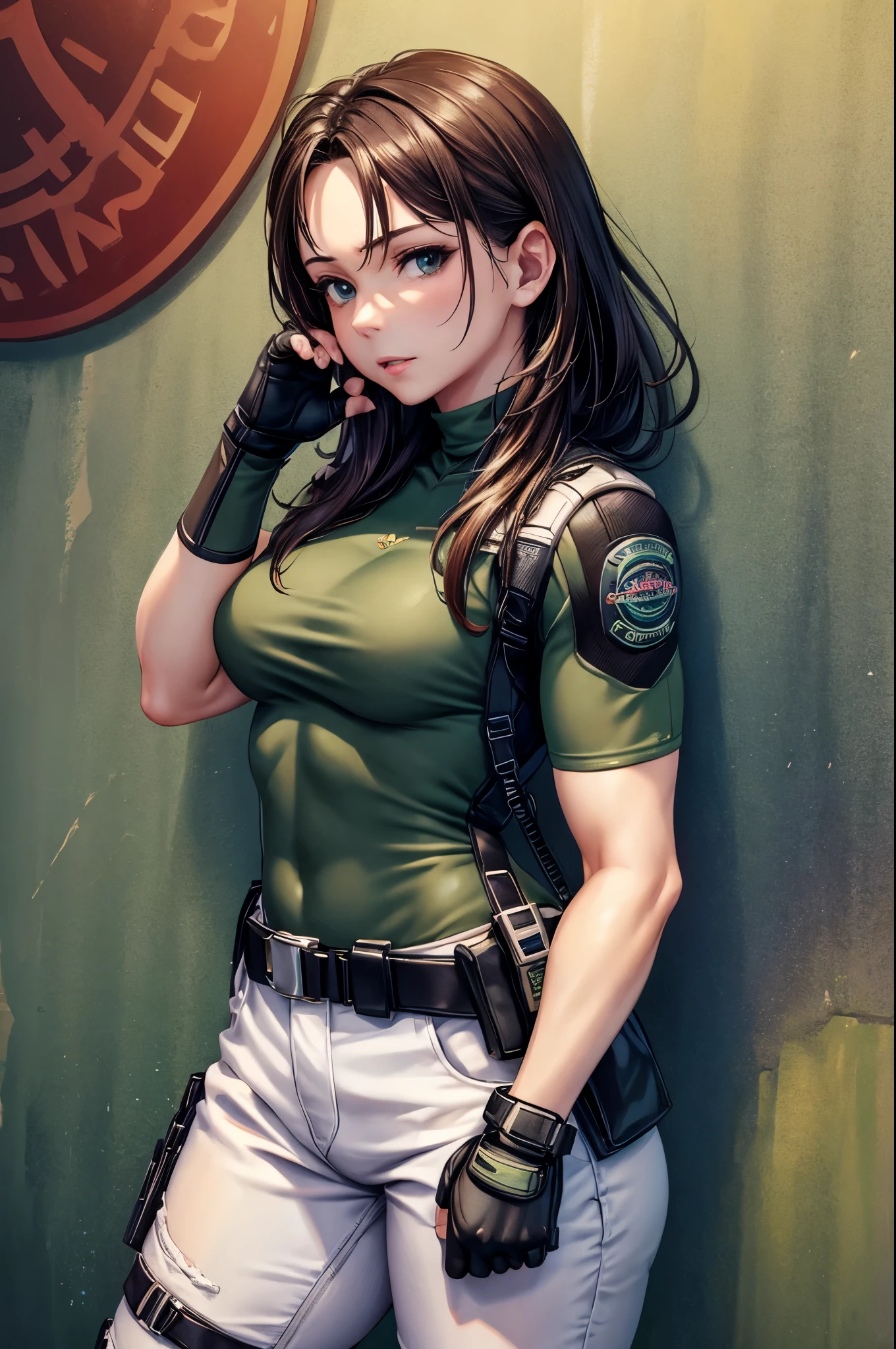 masterpiece, best quality:1.2), expressive eyes, perfect face, highres, 1 girl, solo, (female:1.5), chris redfield, green taut shirt, white pants, fingerless gloves, belt, hands to hip, standing, portrait, looking at the viewer,