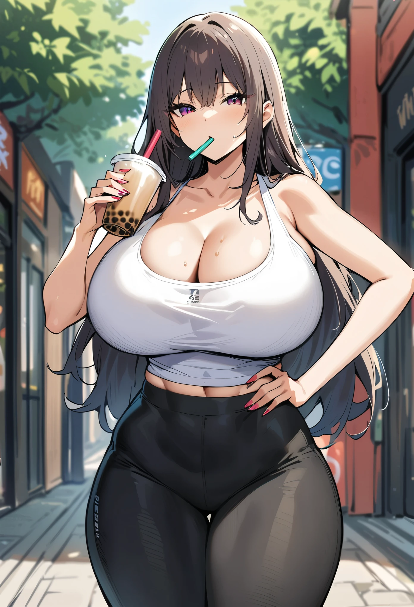 masterpiece, best quality, highres, huge tit,1girl,breasts,bubble tea,bubble tea challenge,cleavage,cup,disposable cup,drink,drinking,drinking straw,hand on hip,long hair,nail polish,solo,yoga pants