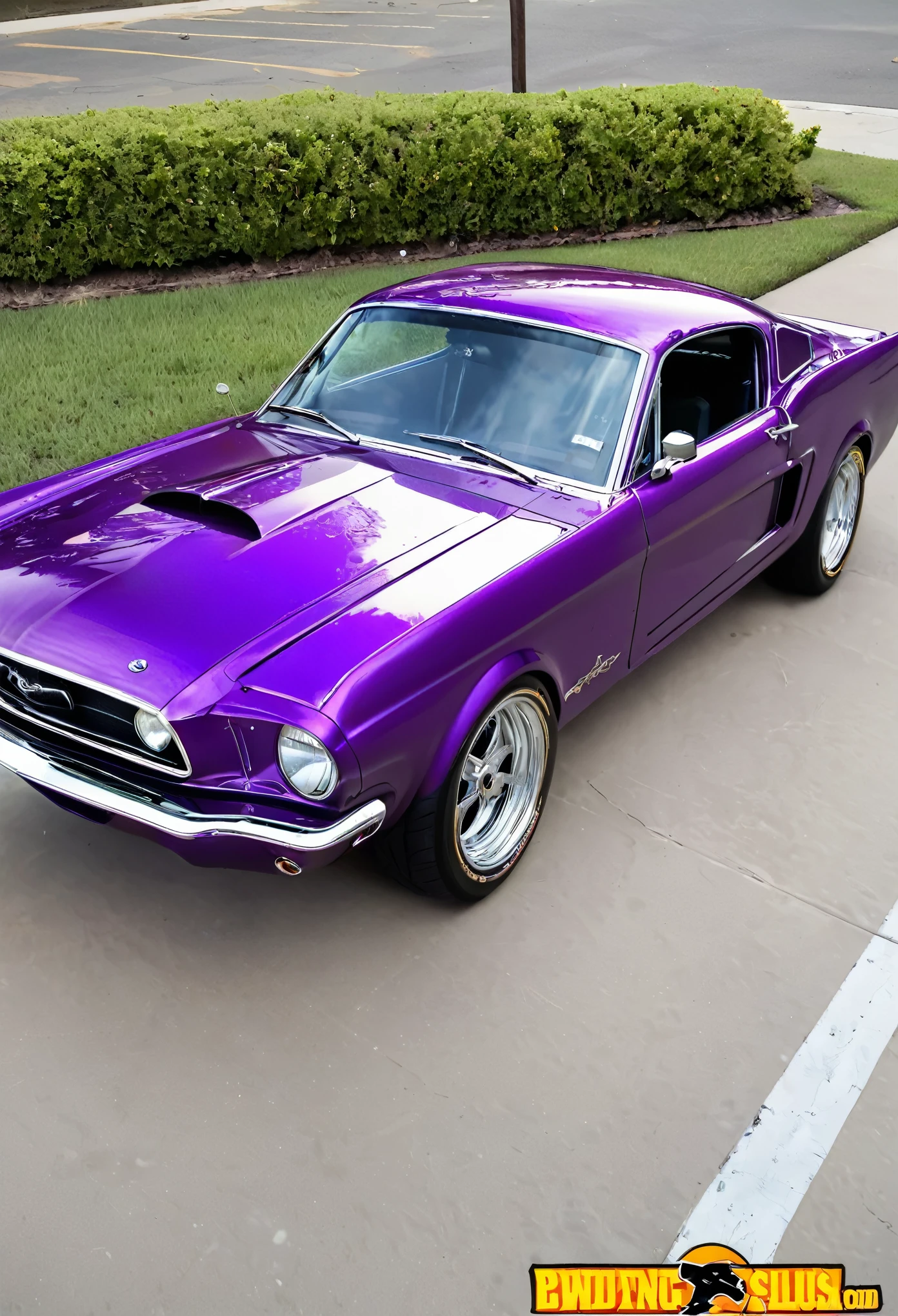 diagonal camera, imagem de Uma linda garota de 18 anos dirigindo dentro de um mustang fastback  hot rod, COR roxo cromado METALICO reflexivo, metallic purple color, Estilo Hotrod , estilo filme stalone cobra, a pintura reflete a luz do sol, reflexo do brilho da luz na pintura, tem roda cor roxa estrela, tem roda cor roxa estrela, rodas esportivas grossas e ridiculously largas e viradas, ridiculously lowered front suspension, dentro de uma garagem com paredes brancas, imagem em pose diagonal, obra prima