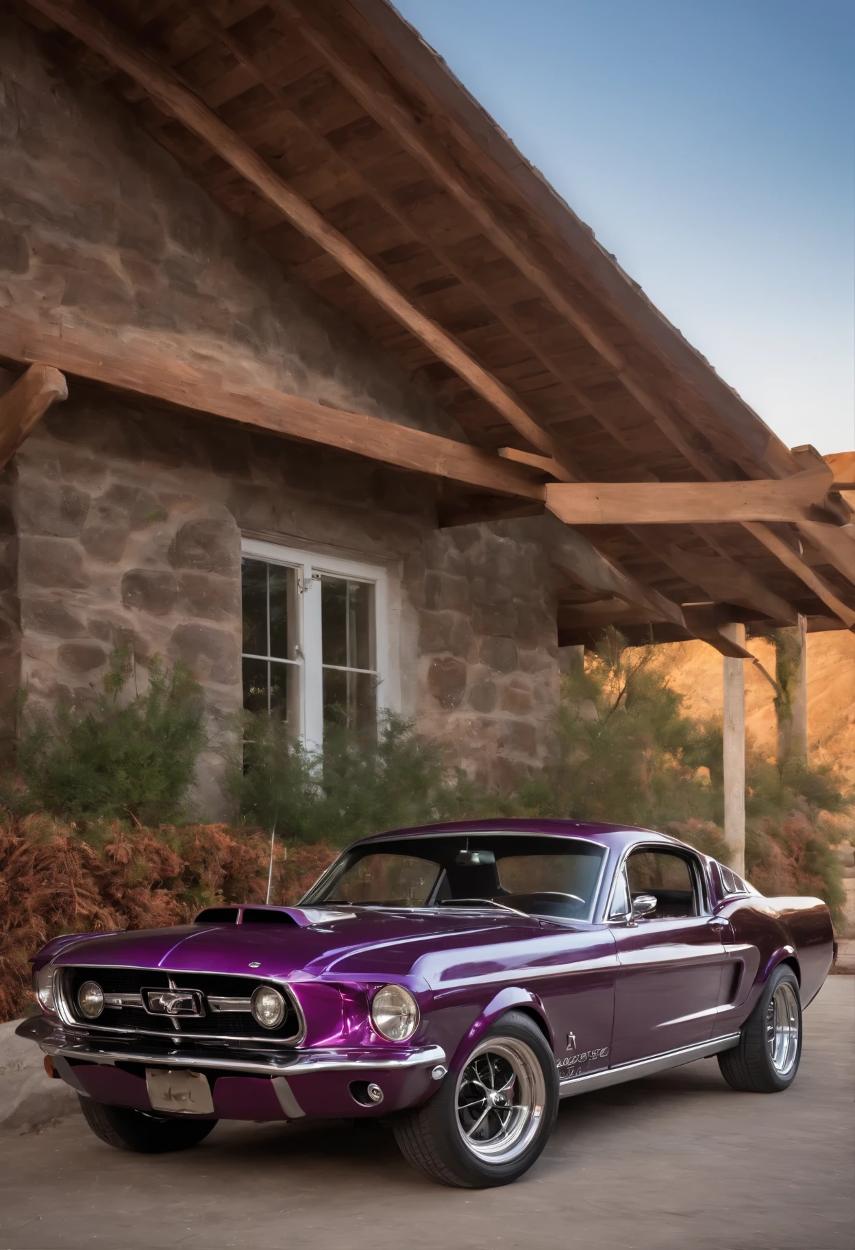 diagonal camera, imagem inteira de Uma linda garota de 18 anos dirigindo dentro de um mustang fastback  hot rod, COR roxo cromado METALICO reflexivo, metallic purple color, Estilo Hotrod , estilo filme stalone cobra, a pintura reflete a luz do sol, reflexo do brilho da luz na pintura, tem roda cor roxa estrela, tem roda cor roxa estrela, rodas esportivas grossas e ridiculously largas e viradas, ridiculously lowered front suspension, dentro de uma garagem com paredes brancas, imagem em pose diagonal, obra prima, imagem enquadrada