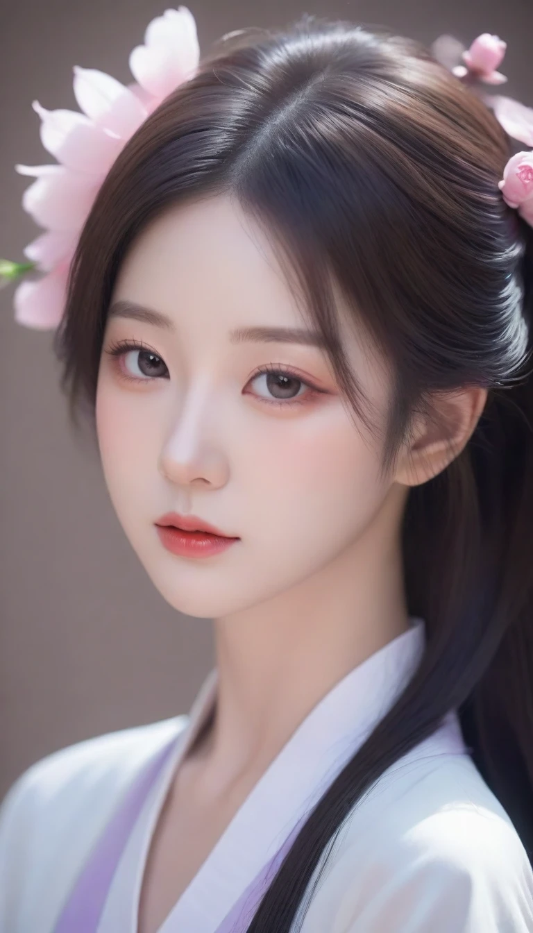 a close up of a woman with a flower in her hair, a photorealistic painting by Lü Ji, trending on cg society, cloisonnism, ”beautiful anime woman, beautiful oriental woman, beautiful anime womana close up of a woman with a flower in her hair, chinese girl, chinese style, beautiful anime girl, beautiful character painting, palace ， a girl in hanfu, beautiful anime face, cute beautiful, guweiz, stunning anime face portrait, beautiful anime woman, beautiful anime style, beautiful portrait image, beautiful anime portrait, very beautiful girl, beautiful avatar pictures