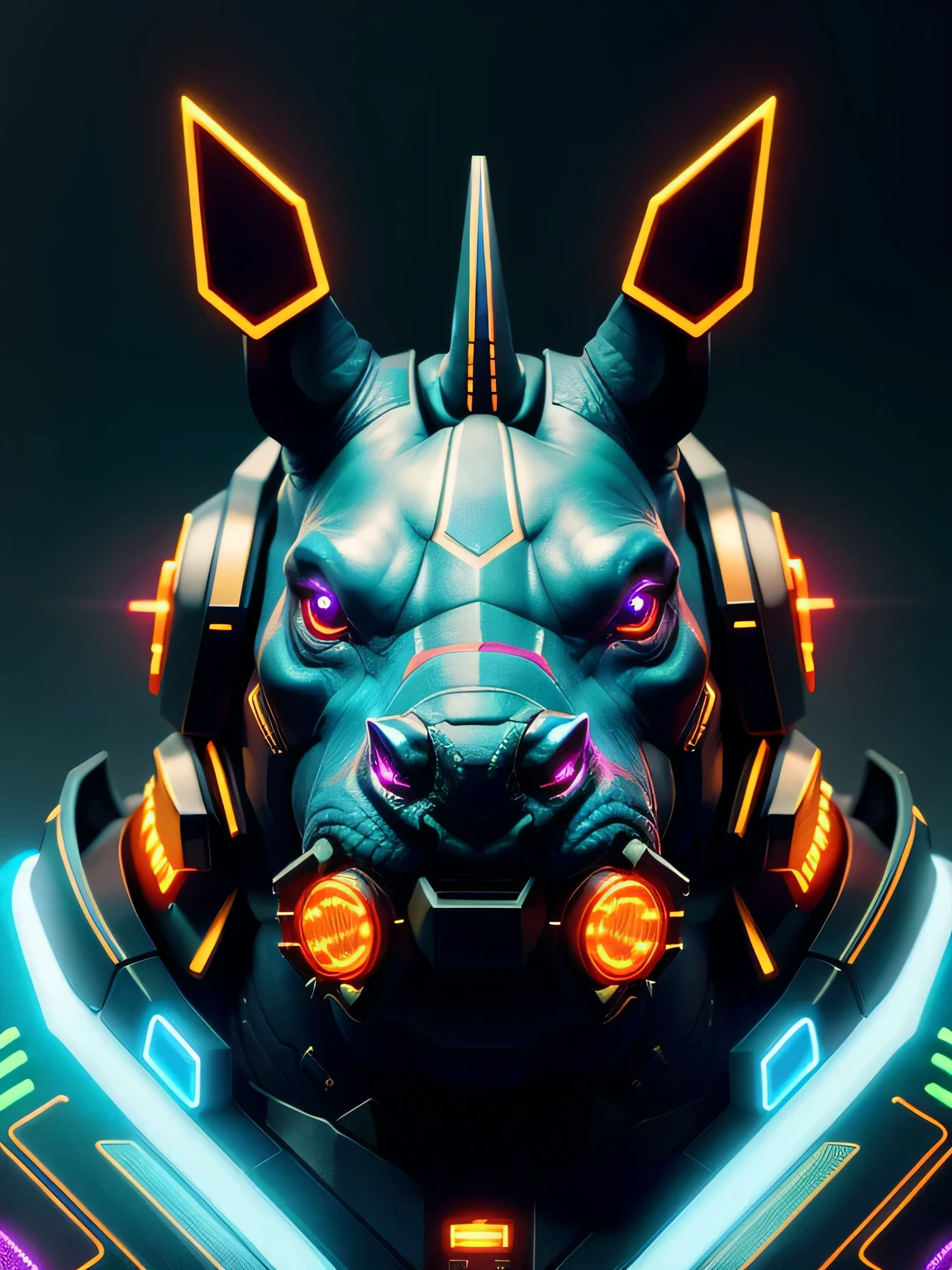 a beautiful portrait of a cute cyberpunk big rhino with horn, cyberpunk animal, multicolor scheme, high key lighting, volumetric light, digital art, highly detailed, fine detail, intricate, ornate, complex, octane render, unreal engine, photorealistic