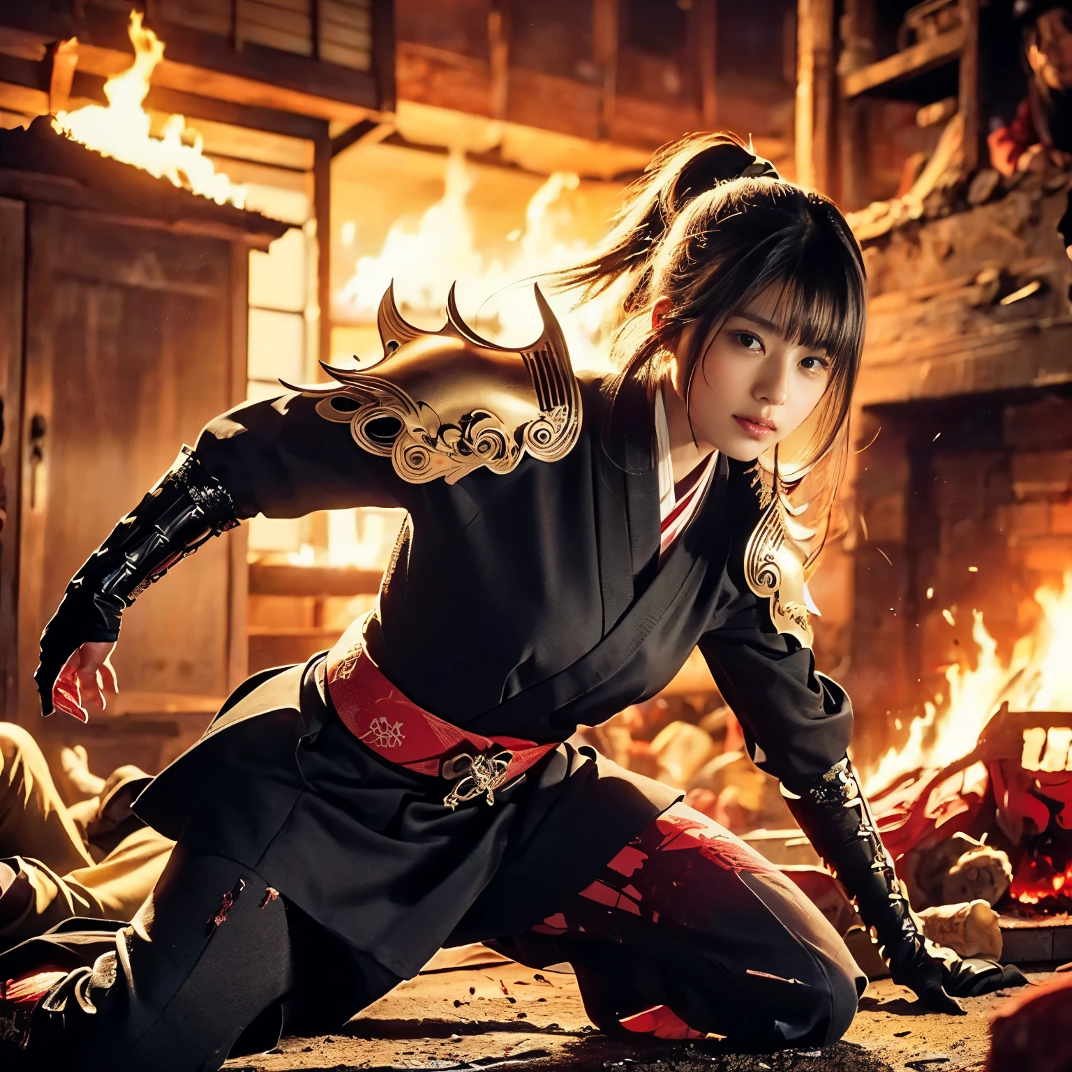 (((Realistic, masterpiece, best quality, crisp detail, high definition, high detail, sharp focus, perfect studio lightning))), 20 years old assassin,((( in the middle of a war, kasumi arimura, fighting stance))), wearing (((fully decorated golden armor, armored kimono, blood scattered face, blood tears, blood bath, blood shed))), (((fire everywhere, blood everywhere, death everywhere, japan bakumatsu period, dead bodies,carcass,burned japanese castle,hellish,chaos)) traditional village background)