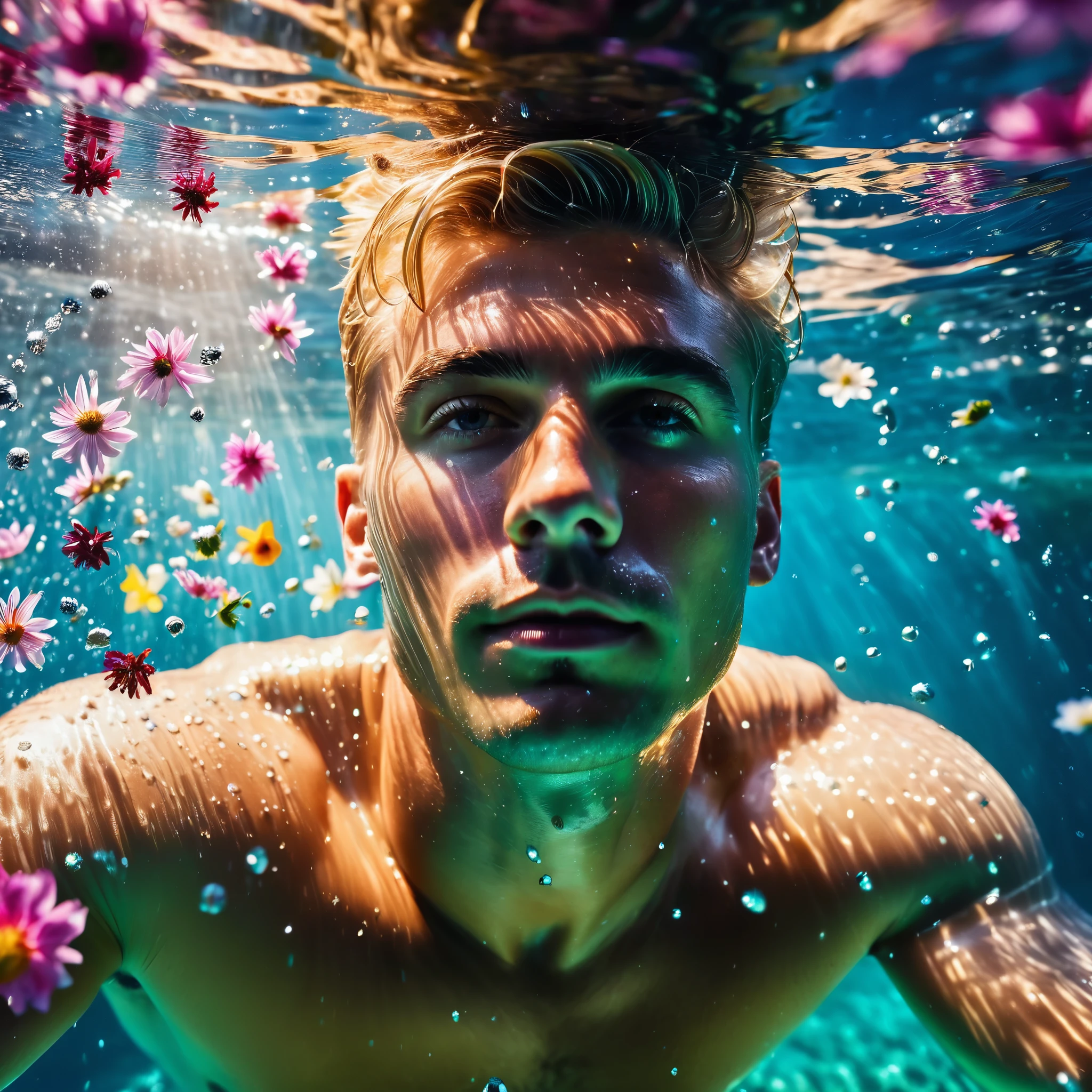 colorful, sea of flower.Handsome blonde man is flying on the water with a lot of flowers . dappled sunshine., underwater, wet cloth, wet face, .super wild shot, low angle shot 1.5 very rich color background, separate background.photo taken at eye level,DSLR,canon EOS RS,ultra quality,sharp focus,tack sharp, depth of field (dof). Film grain,crystal clear,8k UHD, highly facial features, high detailed background. Art supplies.Epic composition,,ultra HD, Very Good quality ,magical effect , Photorealistic. Perfect composition, underwater composition, the ocean. The water. Flora and fauna . .Glowing Magic glitter on the man face. Perfect realistic hair, detailed face , detailed skin . boubbles. magic lights flowers everywhere