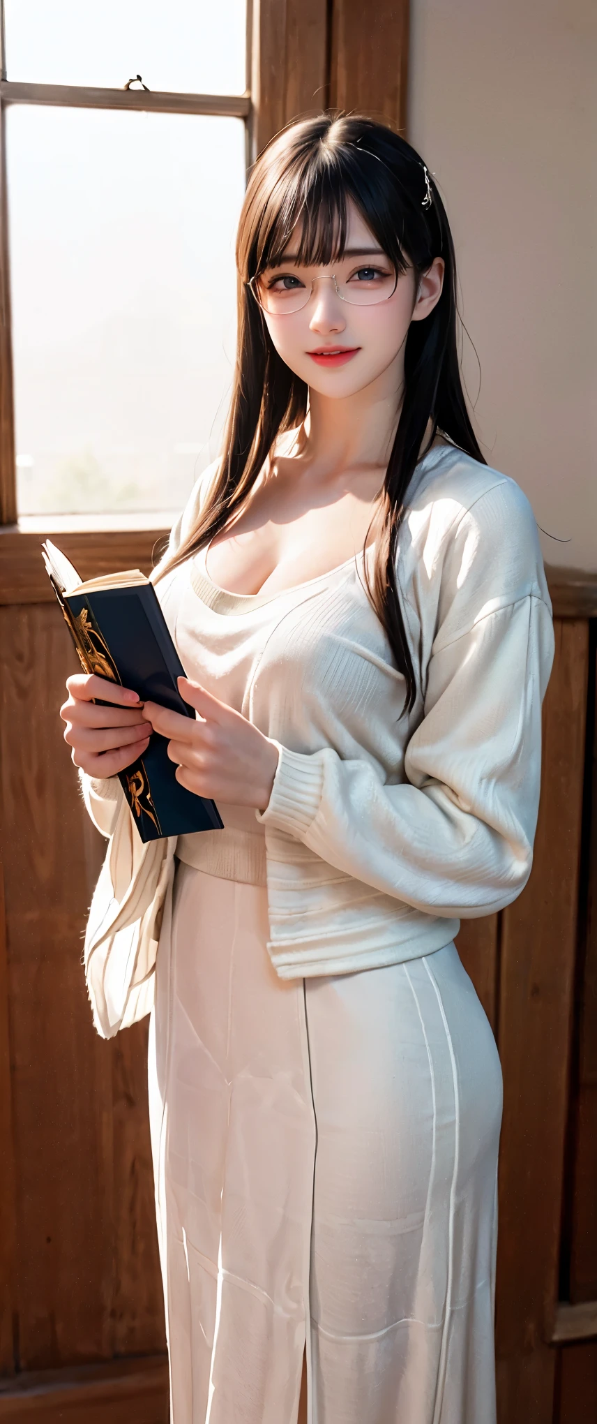 (masterpiece, best quality:1.4), (modern days), (cowboy shot), 1girl, solo, pov, sfw,wife,
China dress,white dress,long dress,Stockings,stunning wife, (standing:1.1), dynamic pose, (white oversized sweater, knit sweater),wear revealing, long blonde hair, swept bangs, heart shaped face, elegant face, beautiful face, highly detailed face, highly detailed skin, skin pores, subsurface scattering, (detailed blue eyes), realistic pupils, large breast1.3, loving smile, looking at viewer, full face blush, full lips, centered,
Holding the book, in the bedroom, sunny day, wind, detailed background, depth of field, atmospheric perspective, volumetric lighting, sharp focus, black hair
absurdres, realistic proportions, good anatomy, (realistic, hyperrealistic:1.4), 16k hdr,wear glasses,