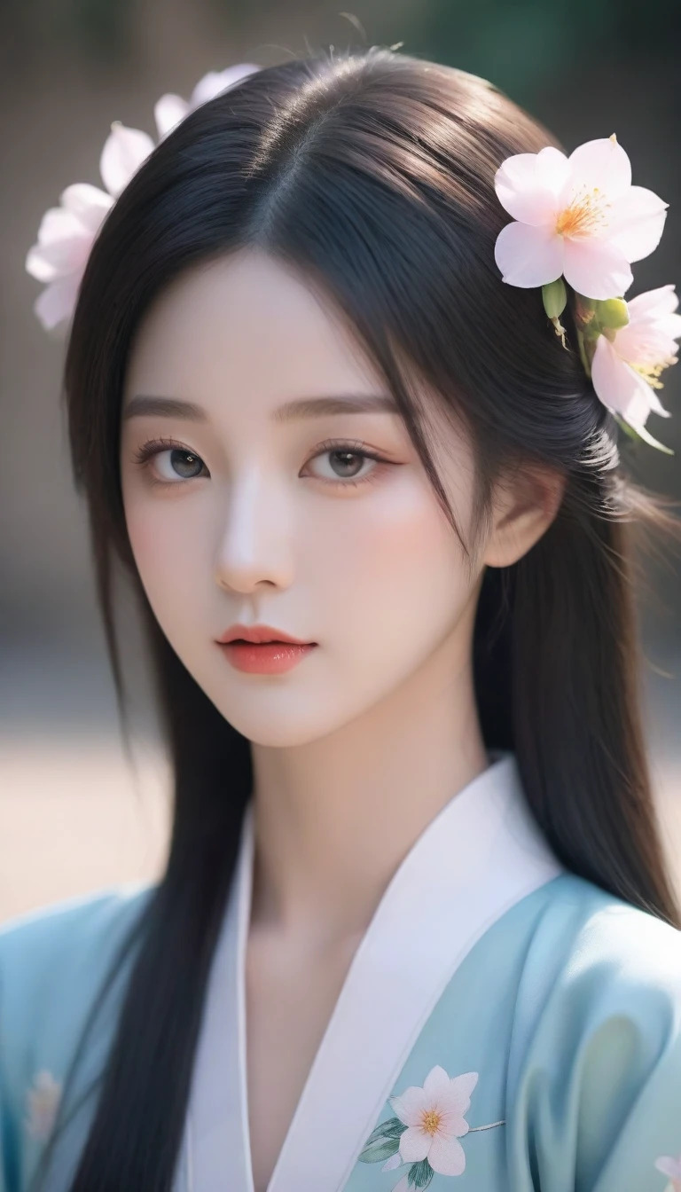 a close up of a woman with a flower in her hair, a photorealistic painting by Lü Ji, trending on cg society, cloisonnism, ”beautiful anime woman, beautiful oriental woman, beautiful anime womana close up of a woman with a flower in her hair, chinese girl, chinese style, beautiful anime girl, beautiful character painting, palace ， a girl in hanfu, beautiful anime face, cute beautiful, guweiz, stunning anime face portrait, beautiful anime woman, beautiful anime style, beautiful portrait image, beautiful anime portrait, very beautiful girl, beautiful avatar pictures
