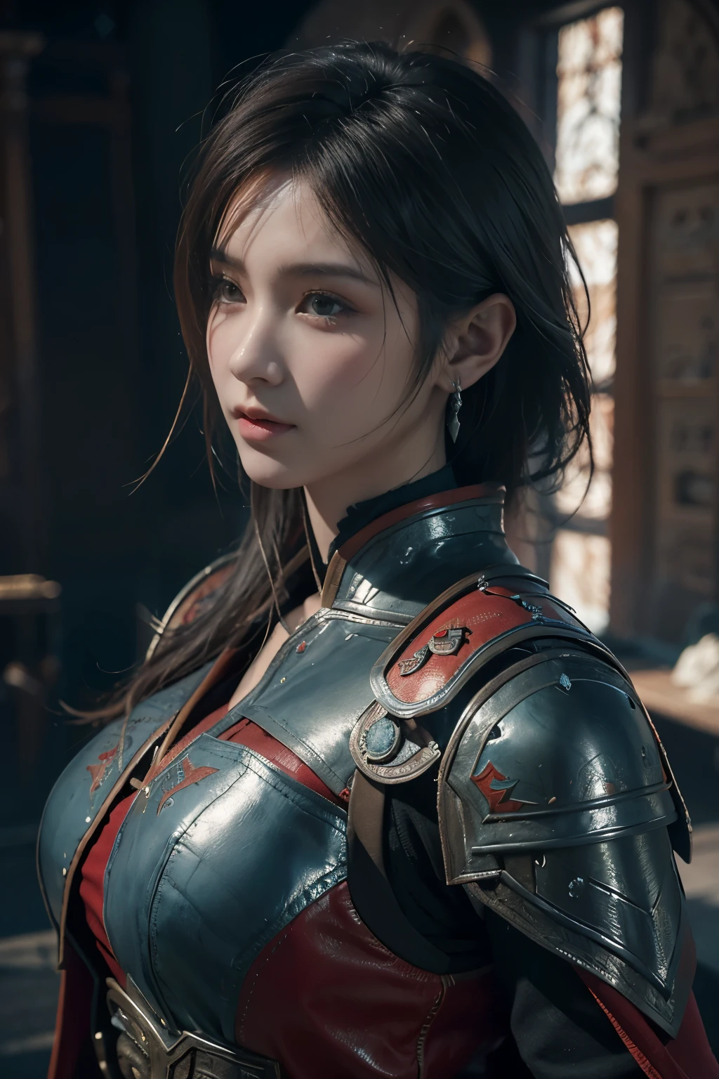 Masterpiece,Game art,The best picture quality,Highest resolution,8K,(Portrait),Unreal Engine 5 rendering works,(Digital Photography),
Girl,Beautiful pupil,(Gradual short hair is blue and red),Busty,(Big breasts),(Portrait photography:1.5),
(Soldiers of the ancient fantasy style),Ancient soldier armor,(The armor is inlaid with leather and metal,Combat accessories,Joint Armor,Cloak,A fine badge pattern on the dress,Red and black),Ancient fantasy style characters,
Movie lights，Ray tracing，Game CG，((3D Unreal Engine))，OC rendering reflection pattern