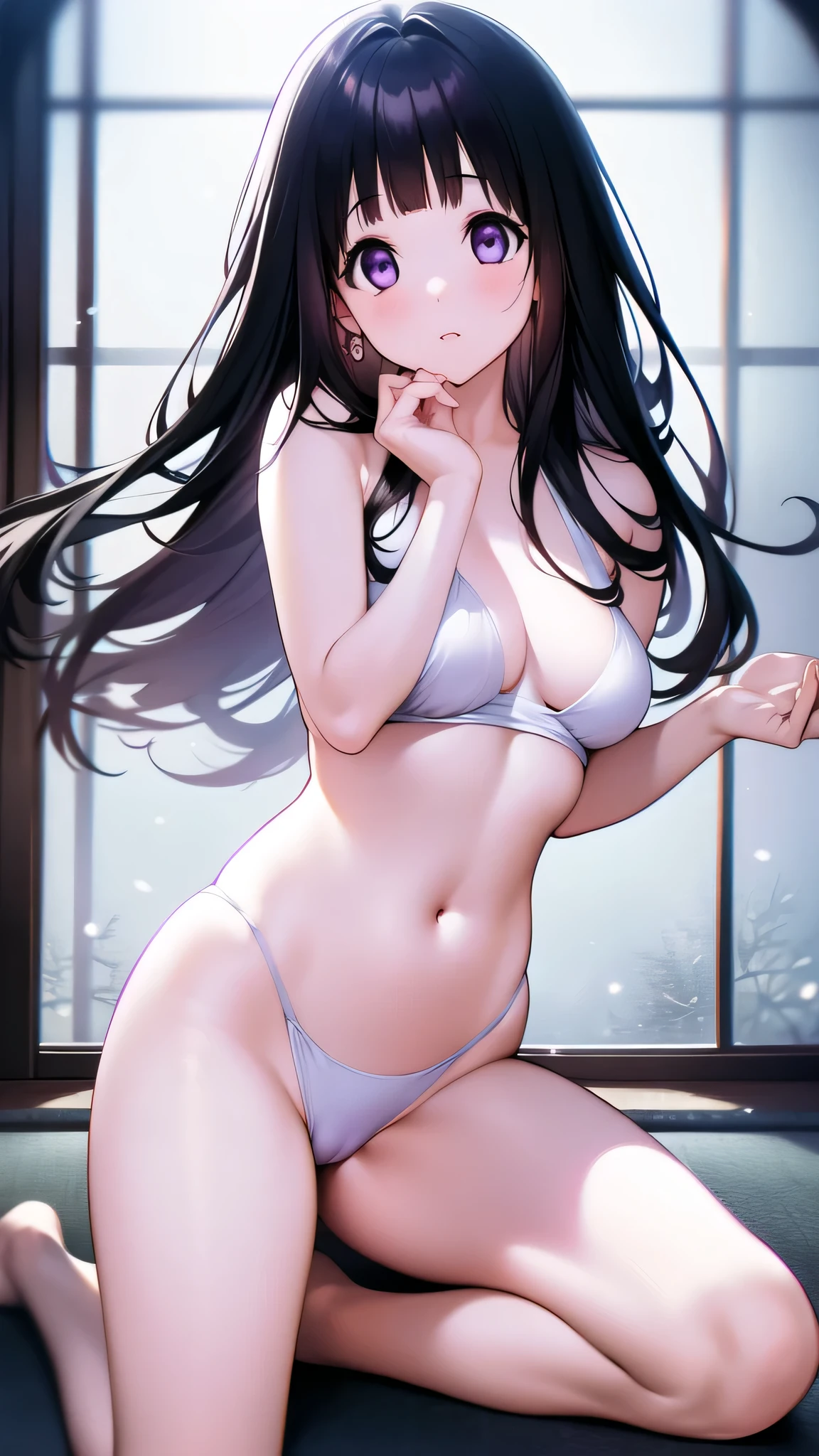 The stunning Chitanda Eru, purple eyes, black hair, Naturally straight hair, straight bangs, extremely refined, a girl,adult face,flowing long hair,Peerless beautiful girl, dreamlike,Slim,soft, (Sensual), (kawaii), dream quality,Show off your beautiful body,Cover private parts with hands,bright light,bare neck,naked ass,bare shoulders,Clavicle exposed,bare breasts,Bare thighs,bare toes,camel toe,snow white skin, delicate face, thin waist, soft curves, Real light and shadow, Ultra-fine, 4K, move naturally, ultra high resolution, (masterpiece:1.2, best quality), (Exquisite and beautiful eyes: 1.2), (Beautiful and delicate face)