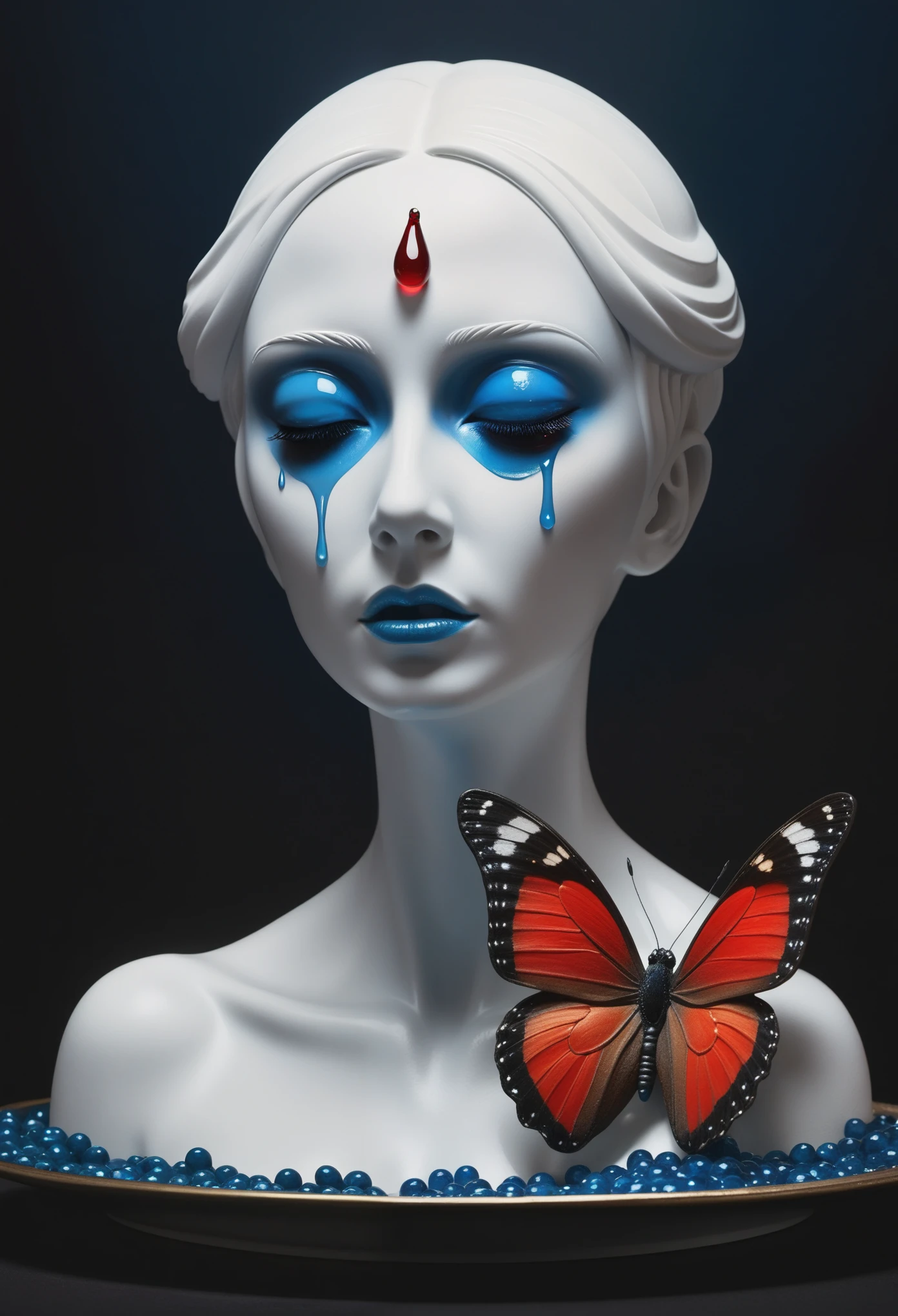 Made of white plaster,statue,Still life table setting,dark background,Weird alien portrait sculpture,Look up,Tears on the cheeks,blue tears:1.5,a red butterfly, modern style, High resolution, Art work,advanced