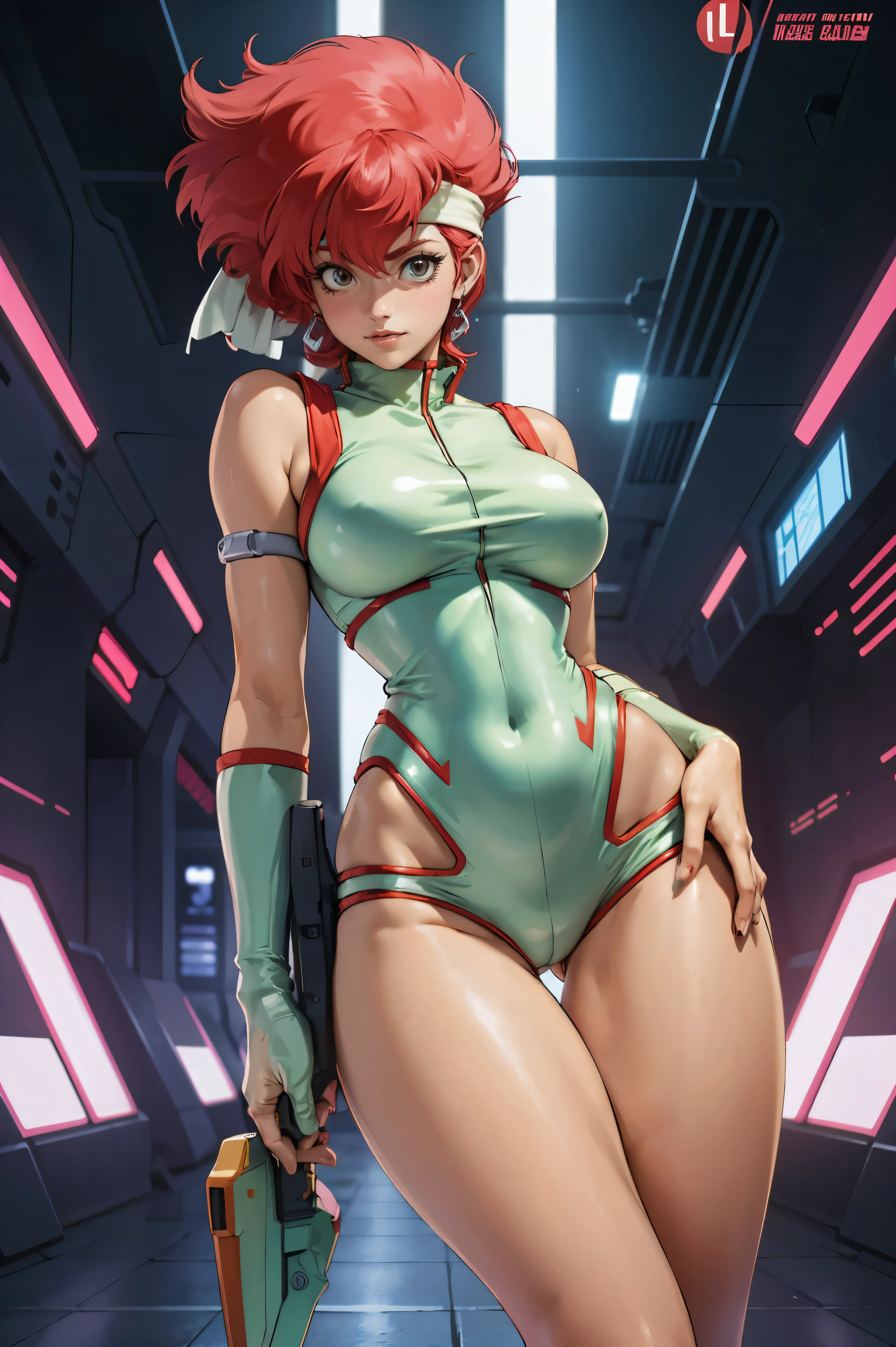 Kei from The Dirty Pair, , wearing a tight outfit, skimpy, medium breast, red hair beauty, cyberpunk city background, holding retro space-gun, headband, slim waist, slim thighs, thigh gap