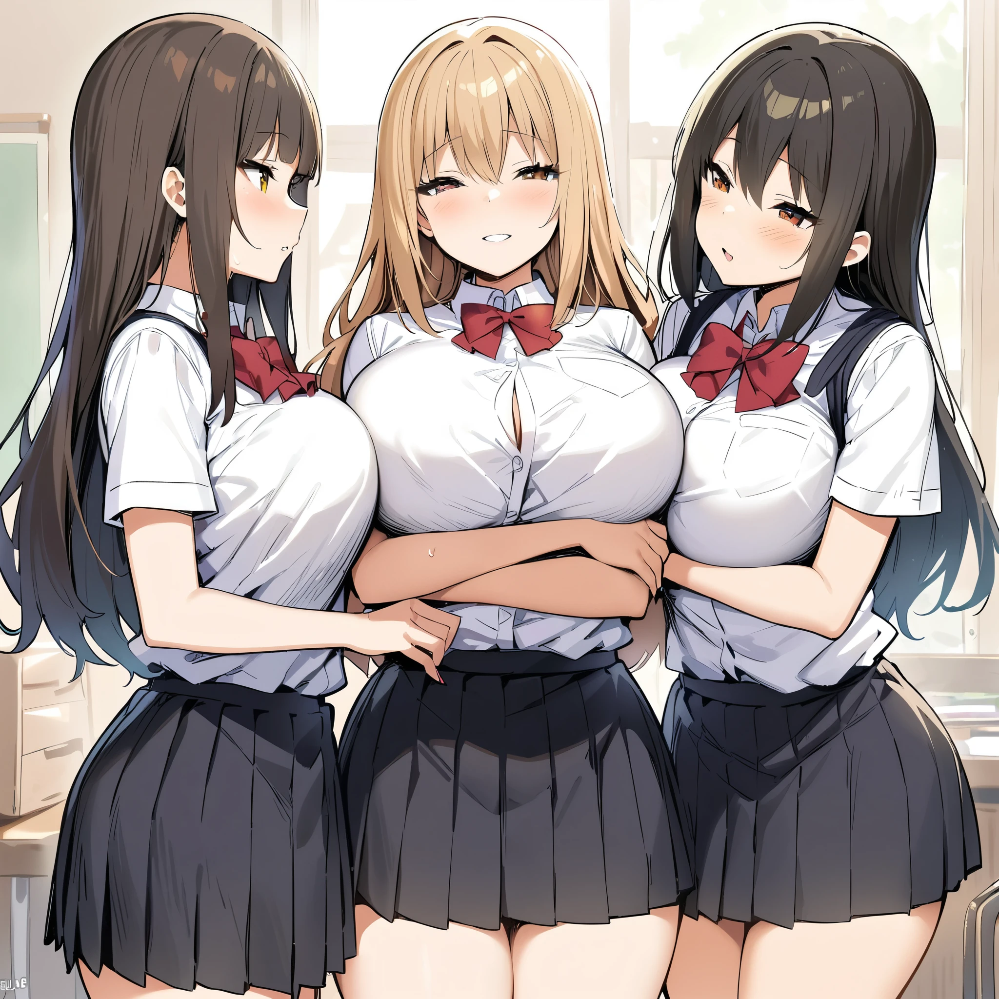 (masterpiece, best quality:1.2), JK,huge tit,age difference,blush,bow,breasts,girl sandwich,long hair,multiple girls,pleated skirt,sandwiched,school uniform,short sleeves,skirt,2girls,1boy,hug,male kid