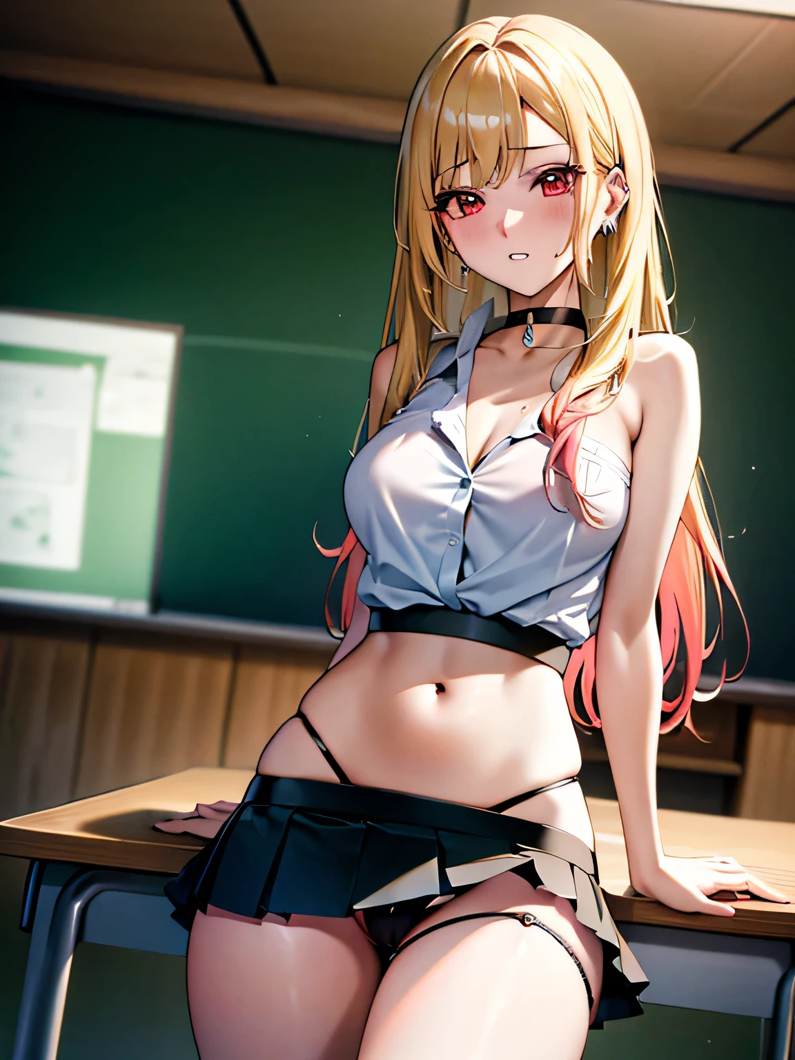 Kitagawa Marin, alone, girl, blonde hair, long hair, colorful hair, red eyes, jewelry, earrings, earrings, black choker, skirt lift:1.2, panty shot, blush:1.2, embarrassing, desire, stand, Bewitching, lure, Shift your gaze, teacher, classroom, female teacher, garter belt, UHD, retina, masterpiece, Accurate, anatomically correct, rough skin, Super detailed, advanced details, high quality, 最high quality, High resolution, 4k