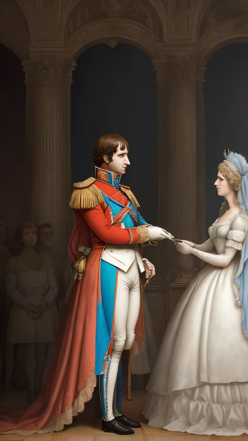 Napoleon Bonaparte crowning his new wife, Marie Louise of Austria, in a lavish ceremony in Paris: realistic epic, soft cinematographic portrait, Adobe Lightroom, photography laboratory, muy detallado, despondent, (colores neutros: 1.2), (HDR: 1.4), (colores suaves: 1.2) ), hiperdetallado, (art station:1.4), cinematographic, warm lights, dramatic light, (Detalles intrincados:1.1), fondo complejo, (rutkowski:0.66), (azul y naranja:0.4)