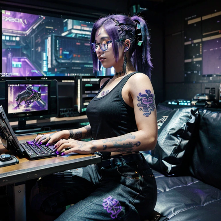 ((Masterpiece, fantasy, cyberpunk style, best quality)), (panoramic view), futuristic living room, futuristic accessories, futuristic panorama, futuristic background, ((side view)), ((view from a security camera)), (wide focus), (top view). (A 25 to 30-year-old Japanese woman), cyberpunk, purple tank top, black and purple color theme. ((She wears a tattoo on her face depicting an eastern dragon)). ((Hair sidecut to the right)), ((a young Japanese woman, with long black AND purple hair, the tips of which are colored purple, hairstyle in sidecut)), ((purple tank top)), ((she wears a purple tank top and old black cargo jeans)) perfect hands. She uses futuristic glasses. (((She uses a tablet PC and looks towards the screen))). ((She has a tattoo of a eastern dragon on her cheek)). (((She is sitting cross-legged behind a computer desk)), ((keyboard on her lap))). ((There is a laptop on the table)). ((Screens can be seen in the background)). (masterpiece), (best quality), (best detail), (cyberpunk style), very detailed face, (futuristic living room, western futuristic background), (background with many glowing screens). Night (lots of stars, moon), shading (detailed, lots of contrast)