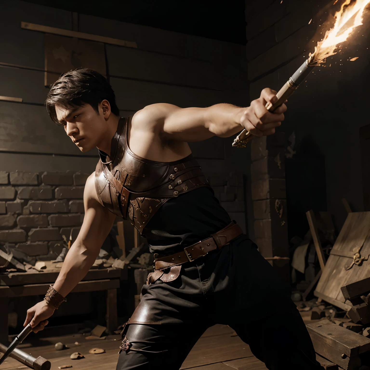 A son of dragon is holding his spear in the battle , from mobile Legend Bang Bang, please make a strong warrior during the battle.