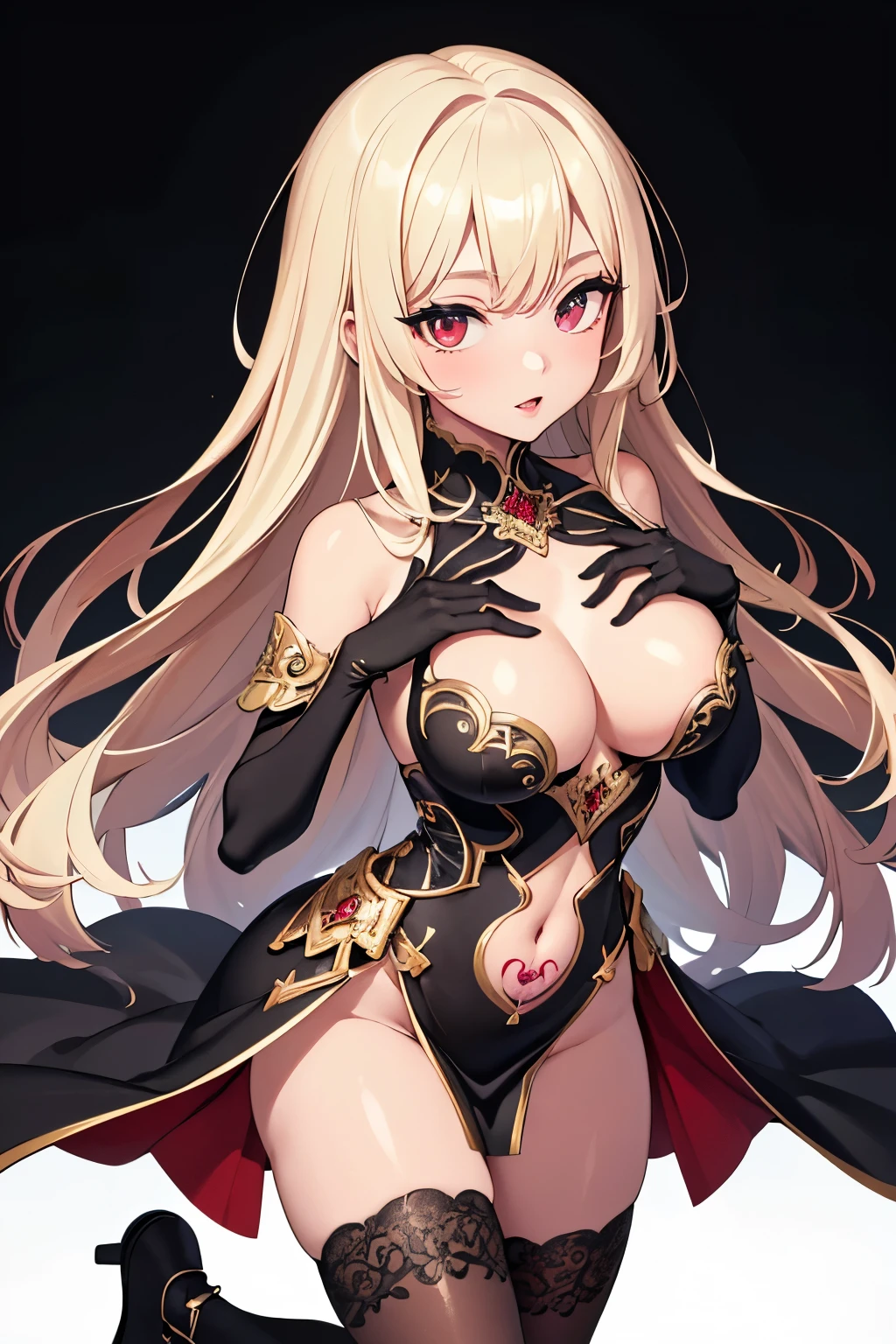 1girl, anime, cute girl, blank background, white background, fantasy, detailed fantasy dress with highlights, beautiful face, beautiful eyes, dark colors, black hair with multicolor streaks, red eye with different color pupil in eye, multicolor eye, medium small breasts (slightly big), slight cleavage, beautiful skin, cute, breast curtains, extremely delicate and beautiful, (beautiful detailed face:1.0), (detailed deep eyes), symmetrical breasts, deep eyes, shiny skin, portrait, slender waist, hips wider than shoulders, thighs, expressionless, young girl, luminous eyes, adorable，（Kpop idol）,（aegyo sal：1），（Platinum blonde hair：1），（（puffy eye）），Black panty，sexy posture，Superskirt, ultra high resolution，Black collar，slim figure, Abdominal y tattoo, womb tattoo，Tight-fitting leg ring，y tattoo on half-body，Bare skin, Armored hand，Hidden fingertips，Hand covered，Arm covered，Fist covered,{{beautiful detailed fingers}}, tufts of hair, moderate beautiful breast:1.0,(masterpiece:1.2), best quality, high-res, HDR, perfect face, intricate armor, delicate blue filigree, intricate filigree, red metalic parts, detailed part, dynamic pose, dynamic lights,