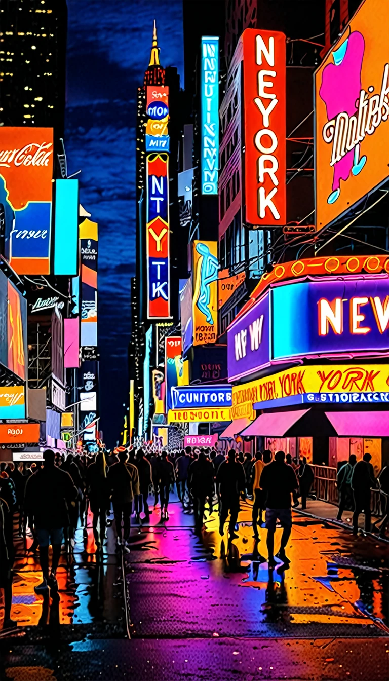 New york street at night.. many neon sign and crowded with peoples