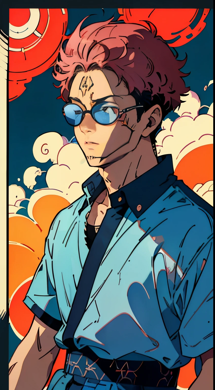 (Masterpiece, Akira, Boy with sunglasses), Retro Atmosphere, 80s and 90s Anime Inspired, (High contrast, Black background), Akira Anime Style, Lofi Aesthetic, (Detailed shading and lines), Anime Character Portrait, (Nostalgic feel), Intense Expression, (High resolution), Akira's iconic look, (Capture the essence of Akira's character), (Anime Akira, Clearly defined features), Anime Artistry, (Three-quarter view), Akira's signature reddish-pink hair peeking out from under the sunglasses rim, (Japanese m