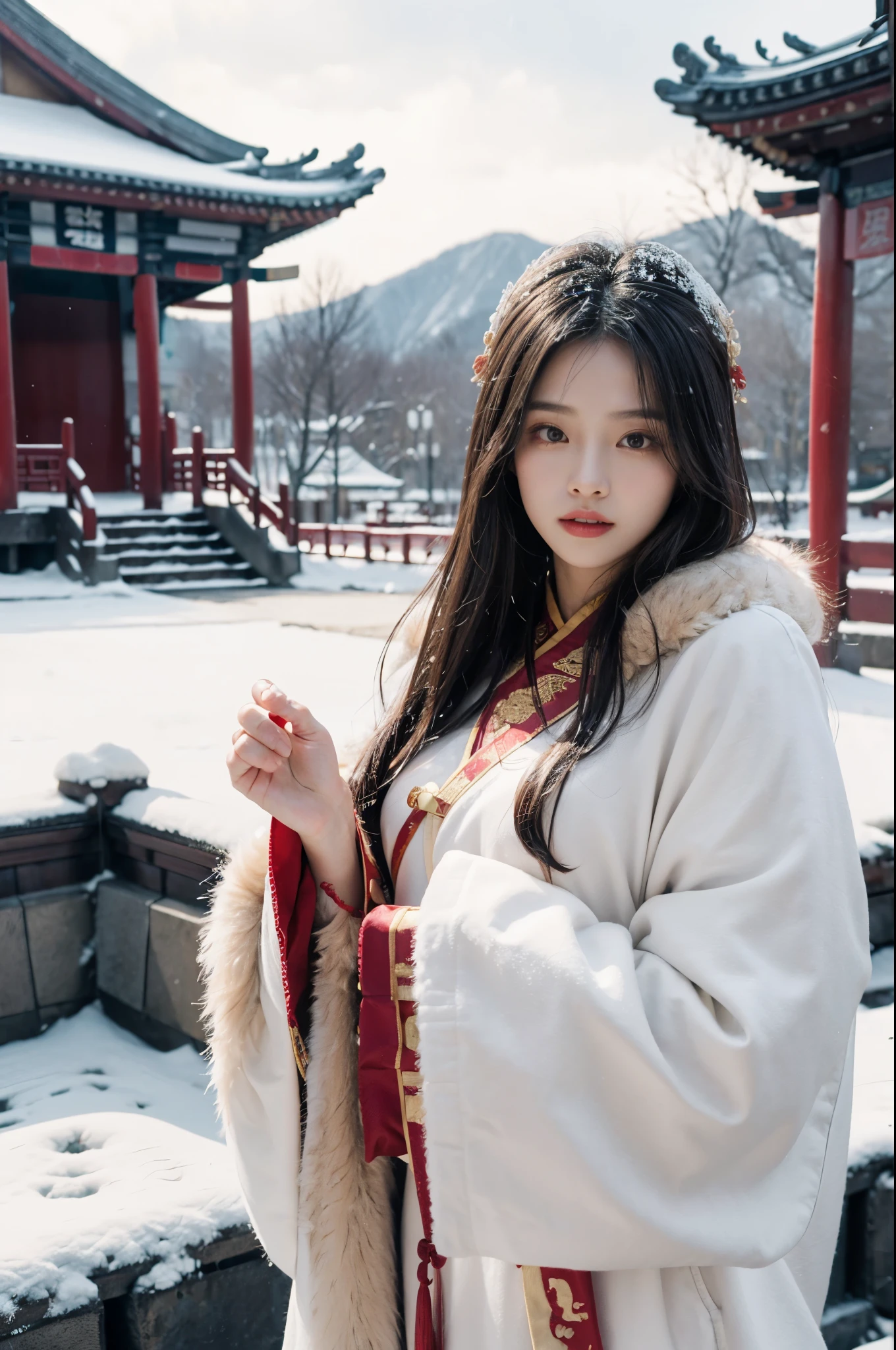Best quality, tmasterpiece, A high resolution,8K,(realistically:1.4),超A high resolution,1 girl,(Ultra-realistic skin mapping), ultra - detailed, hyper realisitc, Very detailed CG illustration, offcial art, movie lighting,Long brown hair,Beautiful eyes, actual, Young and beautiful girl, perfect body figure, perfect body figure, full pov, perfect body figure,Enjoy the expressions,(Starting below:1.3), lacivious pose, long sexy legs, Self-confident, Beautiful Sexy, (Gorgeous Chinese Hanfu,short shoulder,S body posture, face flushed, Chapped lips, view the viewer , Semi-body shot , (fur-edged cloak) ,(Ancient Chinese pavilions),It snowed heavily,The ground is covered with snow,