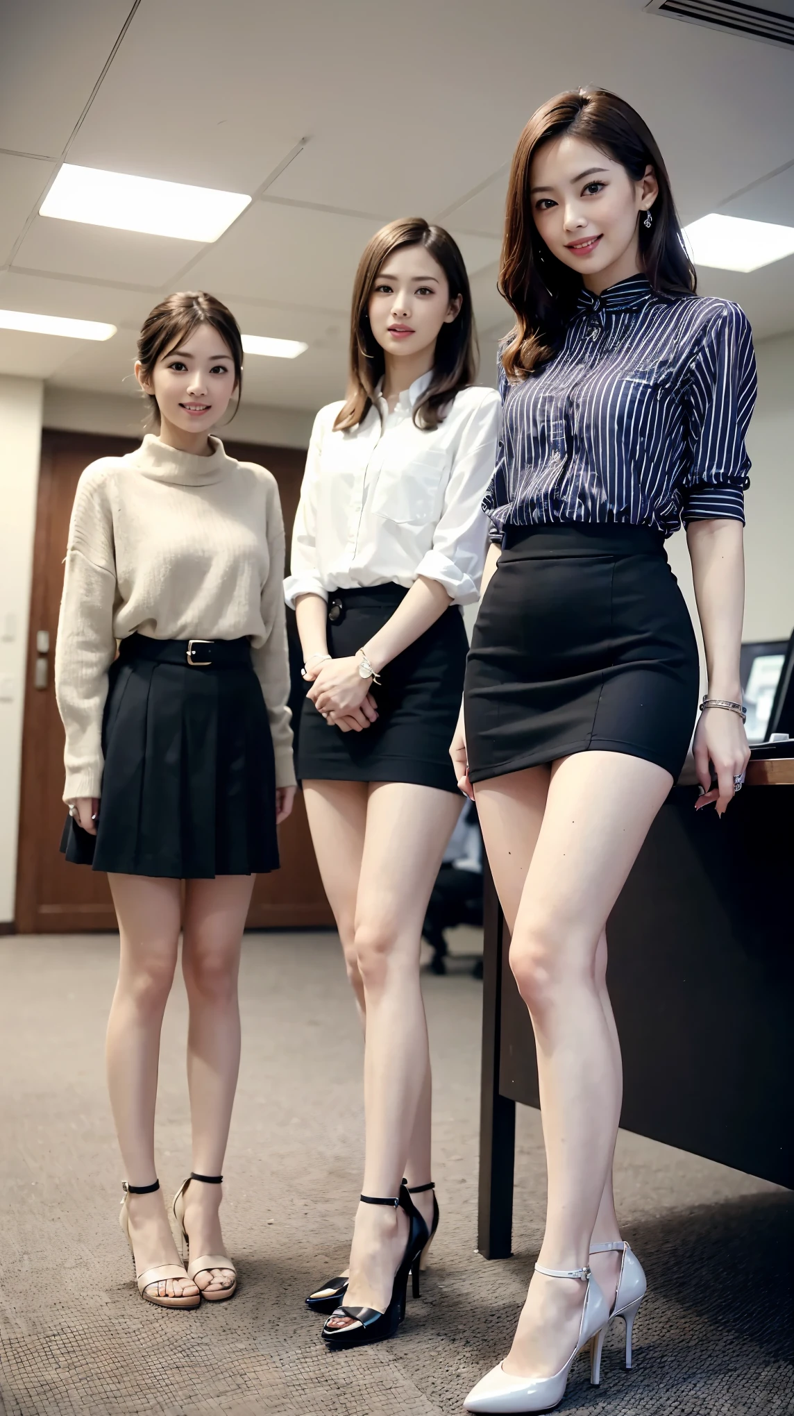 (highest quality, masterpiece, realistic, Super detailed, ultra high resolution, to be born:1.3), (3 girls:1.5), beautiful, Japanese, mature, 28yo, office workers, (tight knit, short skirt), ({money| Silver| wine-red| navy| pink| yellow green| violet| sky blue} Clothes), (smile), (bangs), high waist, necklace, (office, indoor, glass room), (long legs, high heels, full body:1.2), (Medium chest:1.3), (crowd)、The first one is Keiko Kitagawa.,The second person is Haruka Ayase.,3The first person is Kanna Hashimoto,(A very cute 20 year old young woman from Japan), ((delicate hair between brown and blonde)), ((messy side wave short hair)),medium bust size、small breasts、 (((clean hands))),(curly hair),(((とても優しいsmile))), (((彼女はpinkと赤とマゼンタのレースのパンティーを着ています))),(((Wearing a black tight skirt, but、it is'turned over in her hands.))),(((He is wearing a black and white vertical striped shirt。))) ((highest quality, 16k, table top: 1.3)), light shines on your face, highly detailed face, highly detailed lips, fine eyes, city street