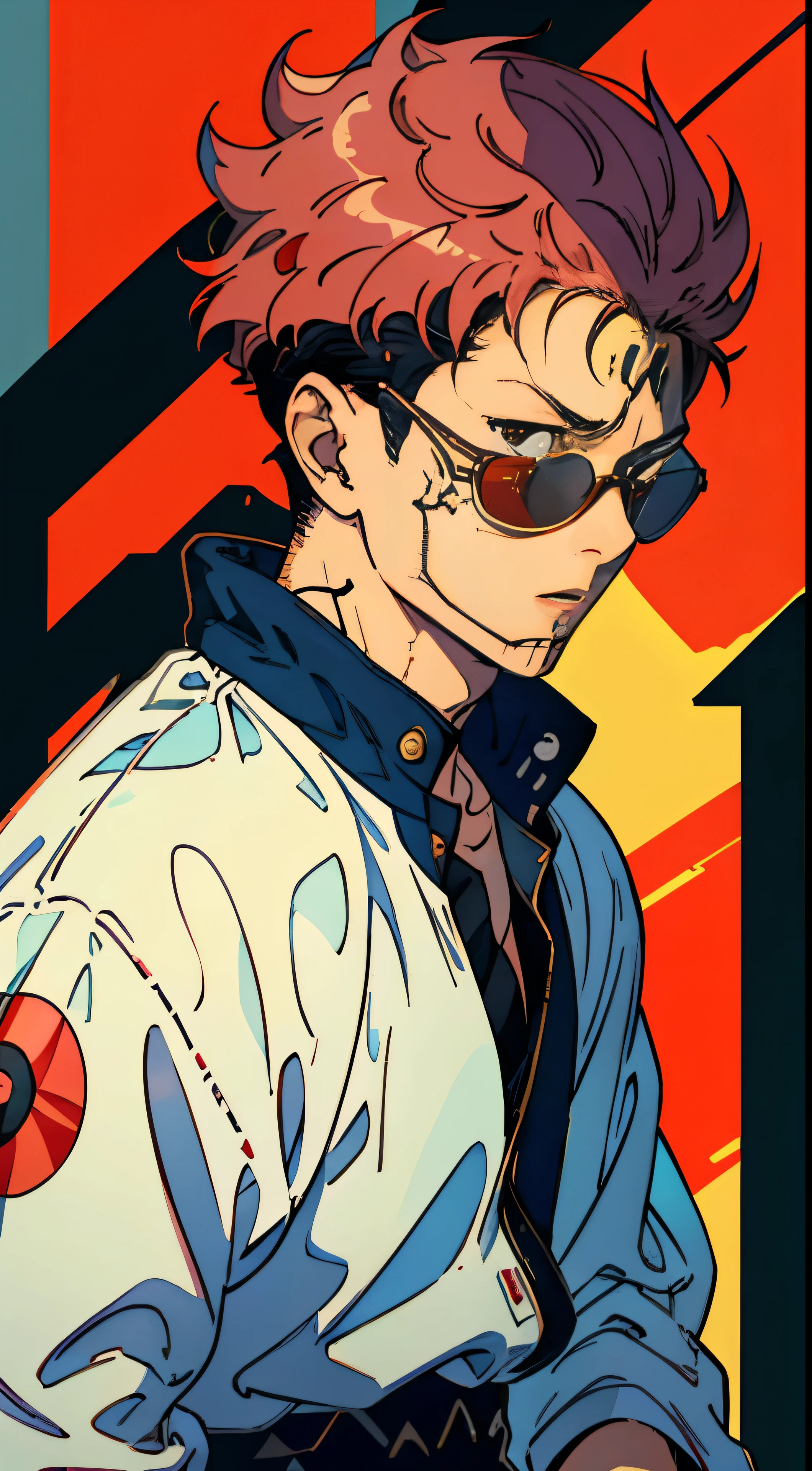 (Masterpiece, Akira, Boy with sunglasses), Retro Atmosphere, 80s and 90s Anime Inspired, (High contrast, Black background), Akira Anime Style, Lofi Aesthetic, (Detailed shading and lines), Anime Character Portrait, (Nostalgic feel), Intense Expression, (High resolution), Akira's iconic look, (Capture the essence of Akira's character), (Anime Akira, Clearly defined features), Anime Artistry, (Three-quarter view), Akira's signature reddish-pink hair peeking out from under the sunglasses rim, (Japanese m