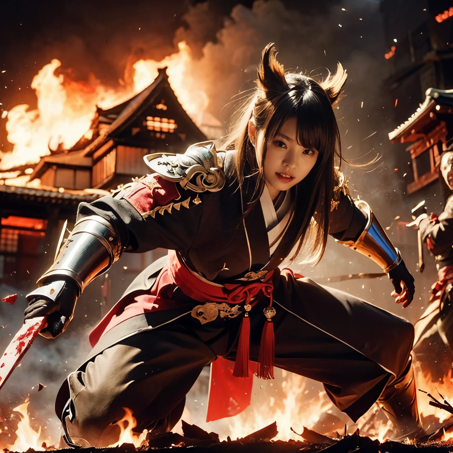 (((Realistic, masterpiece, best quality, crisp detail, high definition, high detail, sharp focus, perfect studio lightning))), 20 years old assassin,((( in the middle of a war, kasumi arimura, attack stance))), wearing (((fully decorated golden armor, armored kimono, blood scattered face, blood tears, blood bath, blood shed))), (((fire everywhere, blood everywhere, death everywhere, japan bakumatsu period, dead bodies,carcass,burned japanese castle,hellish,chaos)) traditional village background)