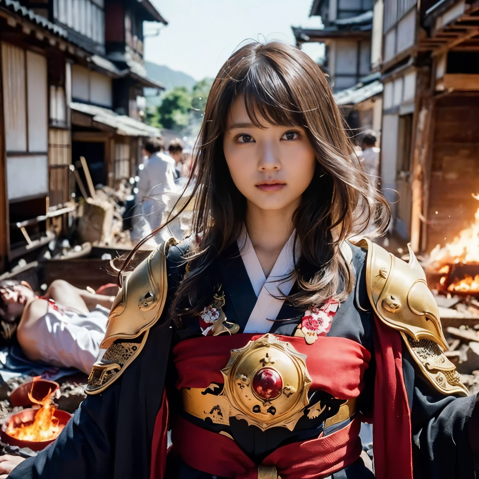 (((Realistic, masterpiece, best quality, crisp detail, high definition, high detail, sharp focus, perfect studio lightning))), 20 years old assassin,((( in the middle of a war, kasumi arimura, attack stance))), wearing (((fully decorated golden armor, armored kimono, blood scattered face, blood tears, blood bath, blood shed))), (((fire everywhere, blood everywhere, death everywhere, japan bakumatsu period, dead bodies,carcass,burned japanese castle,hellish,chaos)) traditional village background)