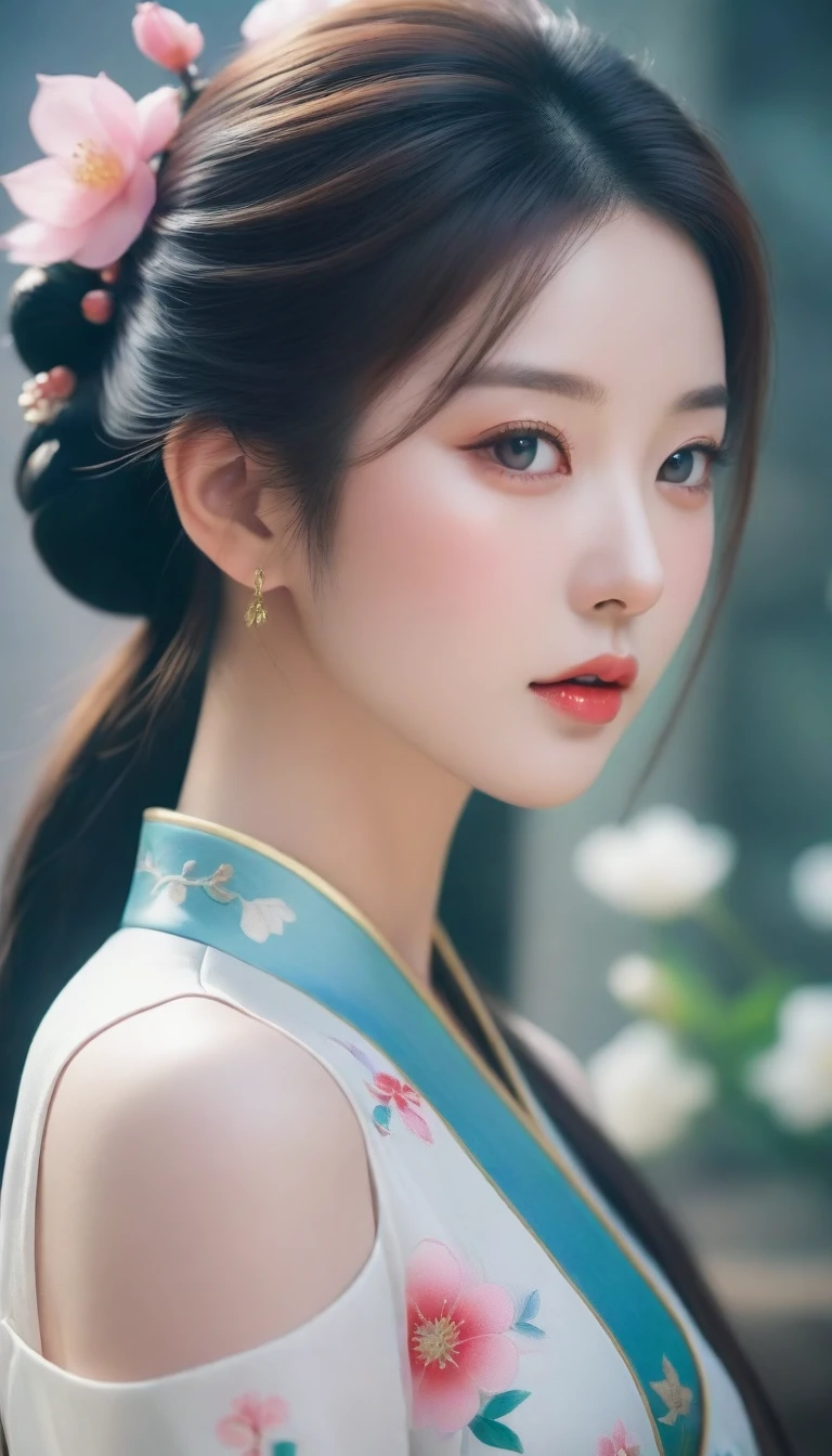 a close up of a woman with a flower in her hair, a photorealistic painting by Lü Ji, trending on cg society, cloisonnism, ”beautiful anime woman, beautiful oriental woman, beautiful anime womana close up of a woman with a flower in her hair, chinese girl, chinese style, beautiful anime girl, beautiful character painting, palace ， a girl in hanfu, beautiful anime face, cute beautiful, guweiz, stunning anime face portrait, beautiful anime woman, beautiful anime style, beautiful portrait image, beautiful anime portrait, very beautiful girl, beautiful avatar pictures