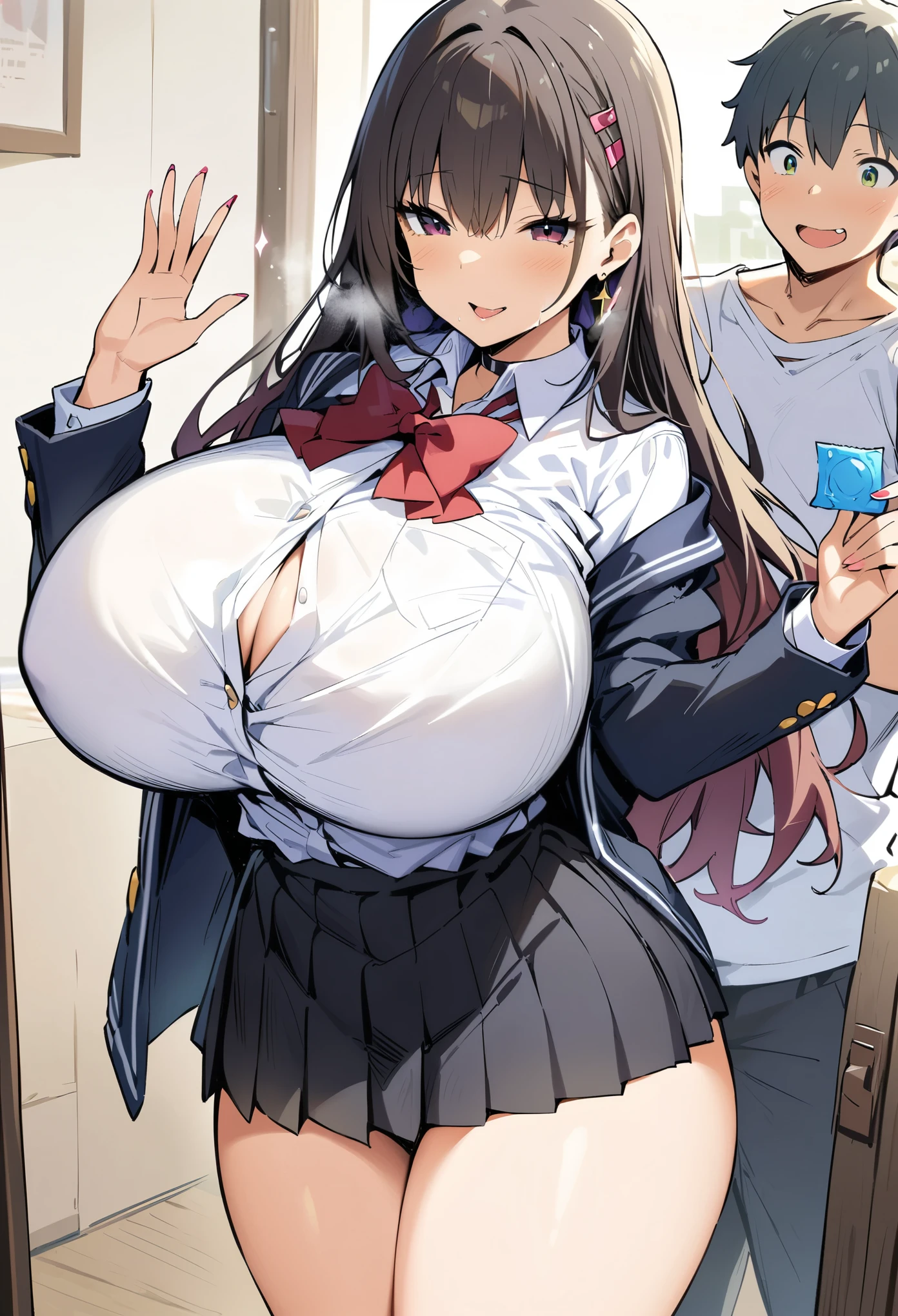 (masterpiece, best quality:1.2), JK,huge tit,1girl,condom,condom wrapper,pleated skirt,school uniform,skirt,1boy,a male ***