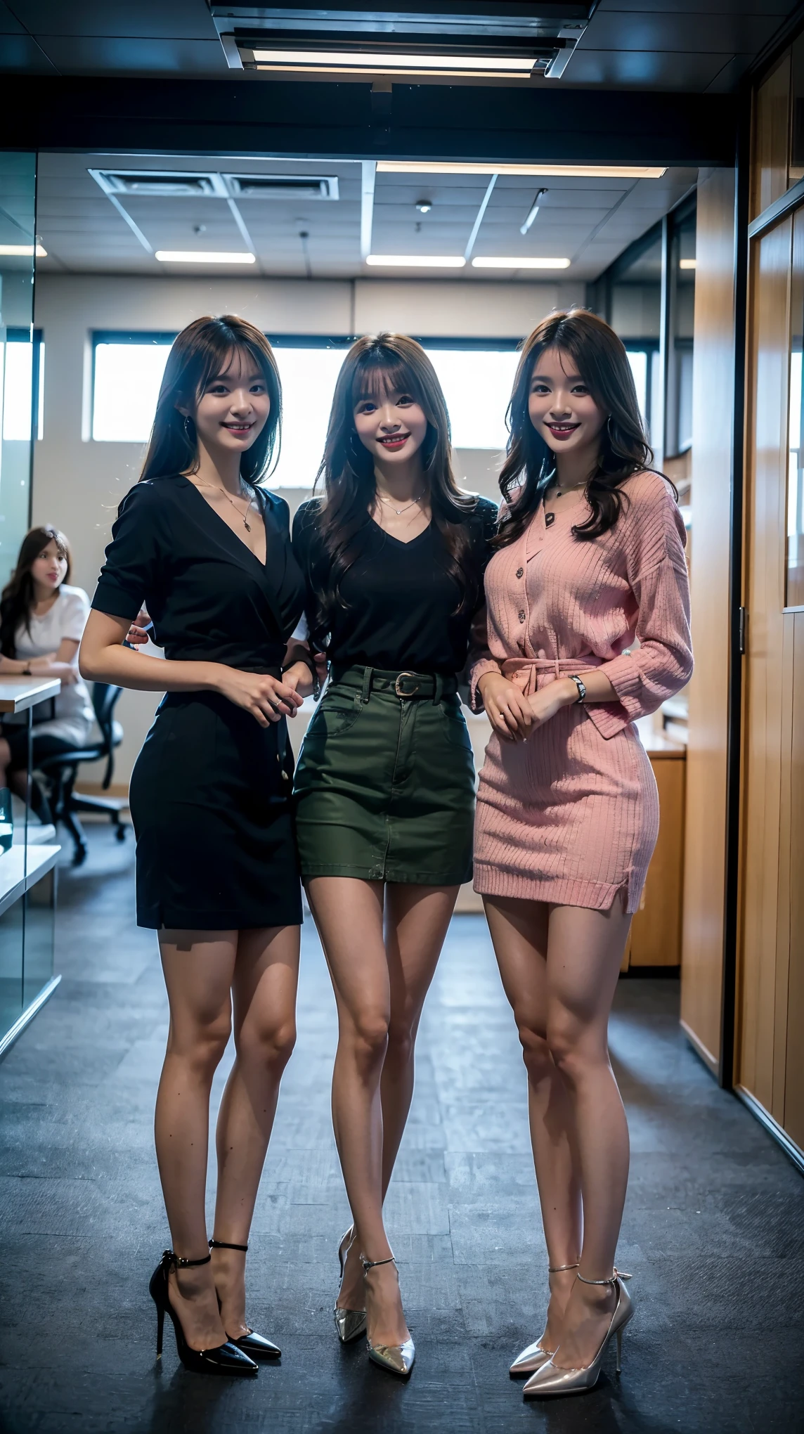 (highest quality, masterpiece, realistic, Super detailed, ultra high resolution, to be born:1.3), (3 girls:1.5), beautiful, Japanese, mature, 28yo, office workers, (tight knit, short skirt、), ({money| Silver| wine-red| navy| pink| yellow green| violet| sky blue} Clothes), (smile), (bangs), high waist, necklace, (office, indoor, glass room), (long legs, high heels, full body:1.2), (Medium chest:1.3), (crowd)
