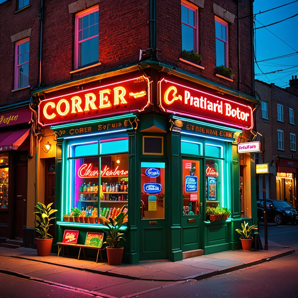 Create an image of a quaint corner shop with a vibrant, eye-catching neon sign glowing above its entrance. The shop should have a warm, inviting feel, with a hint of nostalgia. The neon sign should be the focal point, casting a colorful glow onto the surrounding area. Feel free to add details like potted plants, vintage decor, and a bustling sidewalk to enhance the atmosphere. The overall mood should evoke a sense of charm and excitement