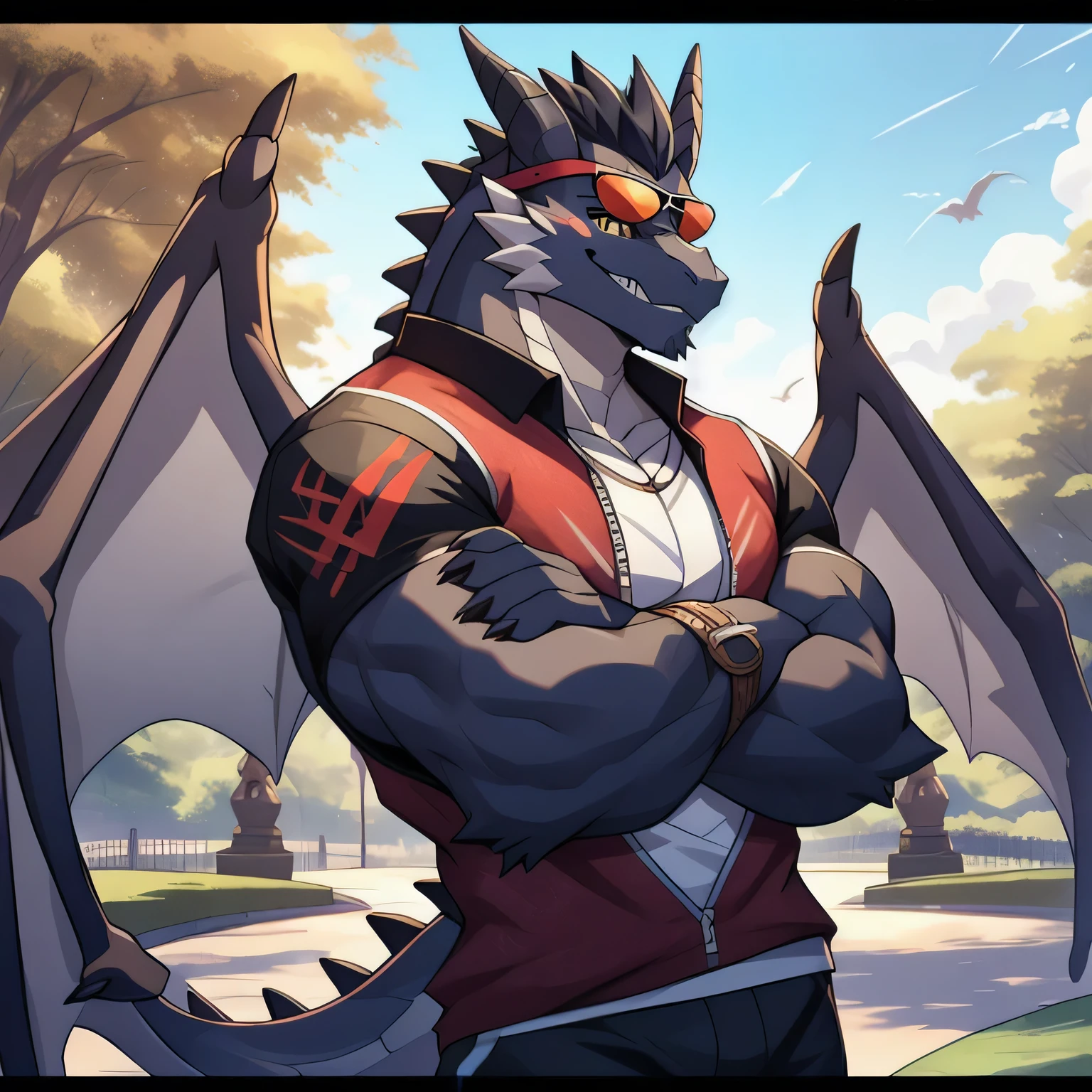 masterpiece,cool pose, black dragon, muscular body, crossed arms,There are scars on the face,He has wings on his back,wearing sunglasses,Gray medium hair, teeth, casual wear, casual wear, strongly, OK, cool pose, park background.There are dragon wings,Cute expression,Smile,looking at camera